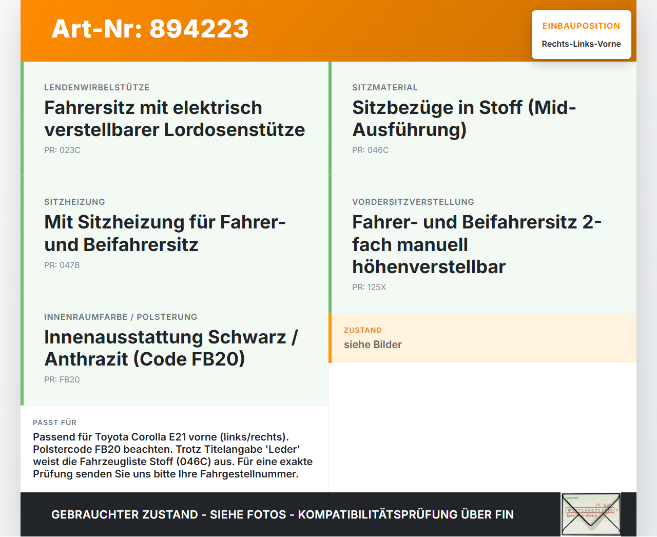 Toyota Corolla E21 18-23 Leder Kopfstütze für Fahrer Sitz Rechts oder Links Vorne Toyota Corolla E21 18-23... Vorschau 3
