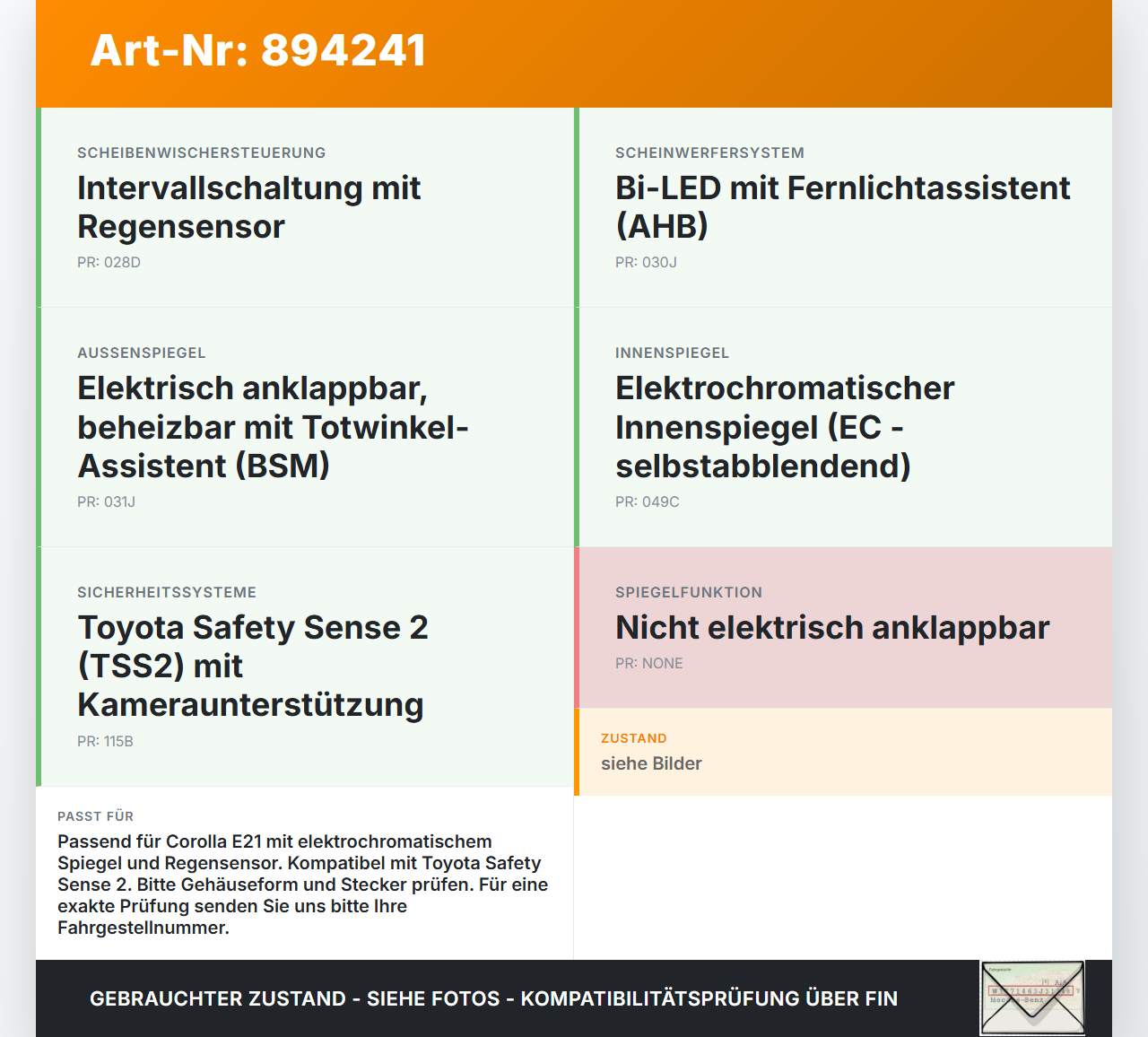 Toyota Corolla E21 18-23 Innenspiegel Rückspiegel Spiegel Innen Elektrochrom Toyota Corolla E21 18-23 01.09.2019... Vorschau 3