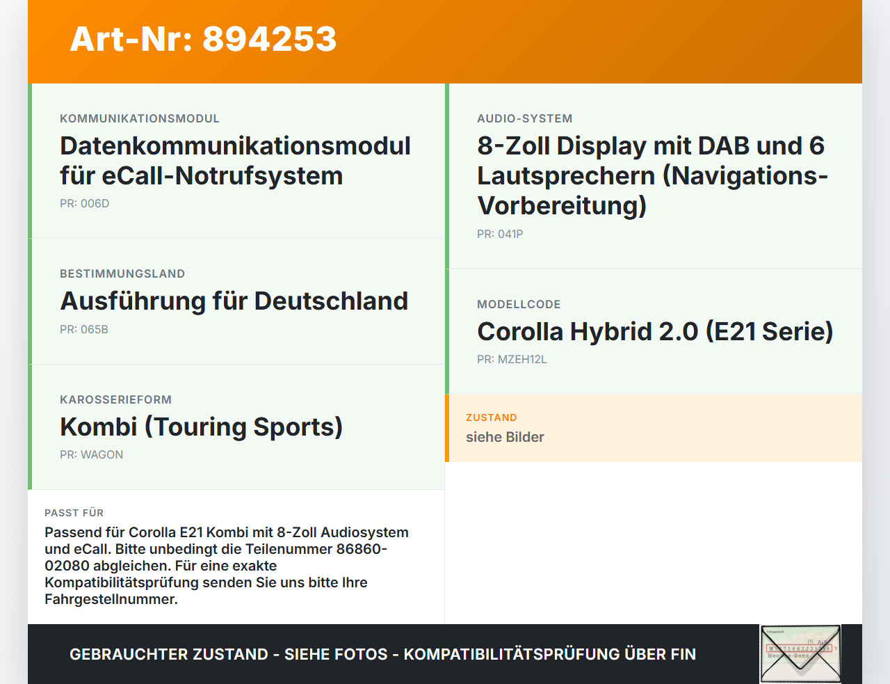 Toyota Corolla E21 18-23 GPS Antenne Empfänger Toyota Corolla E21 18-23 01.09.2019 8686002080 86860-02080 gebraucht Vorschau 3