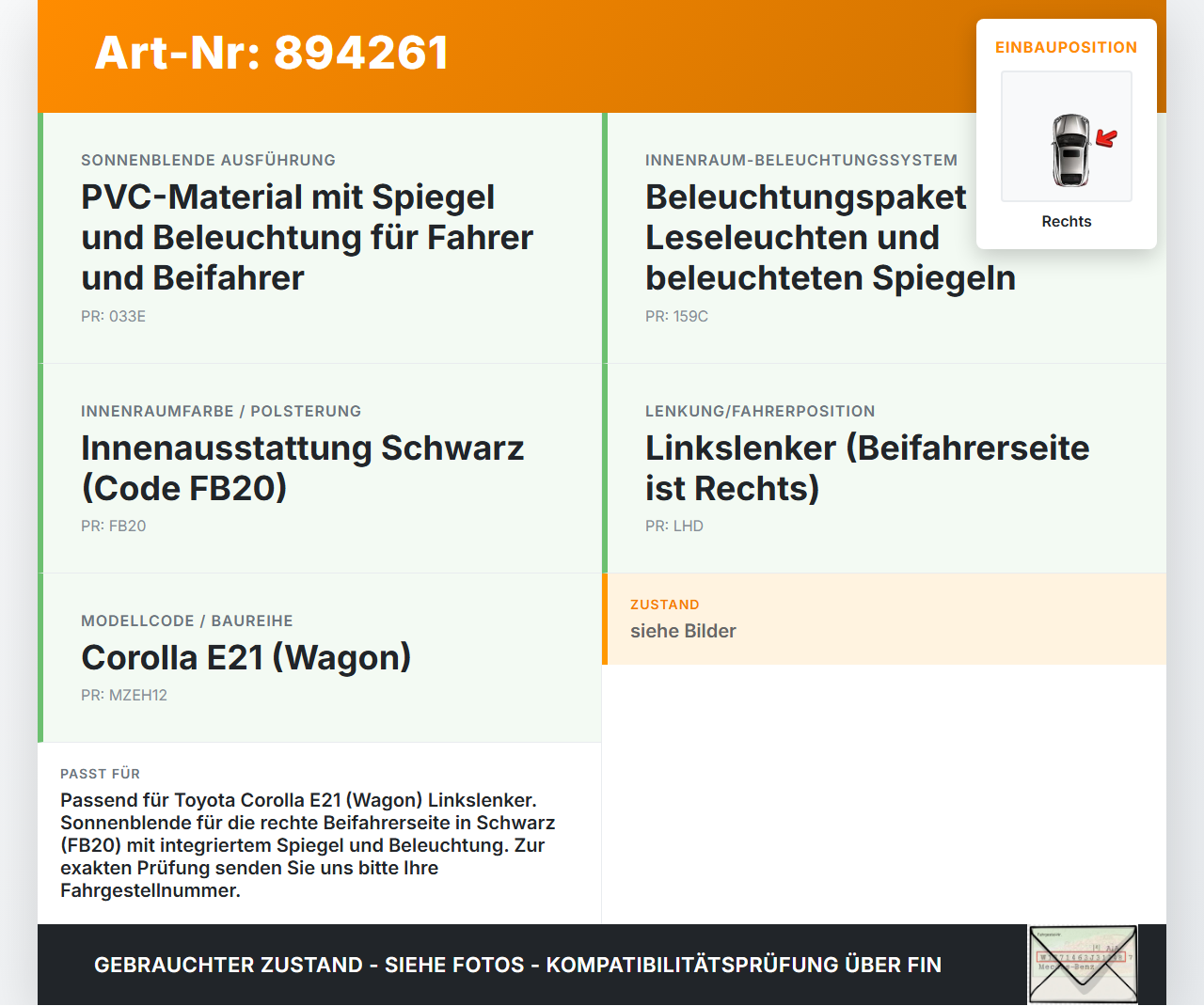 Toyota Corolla E21 18-23 Sonnenblende Rechts für Beifahrer Toyota Corolla E21 18-23 01.09.2019 7431002M30C0 gebraucht Vorschau 3