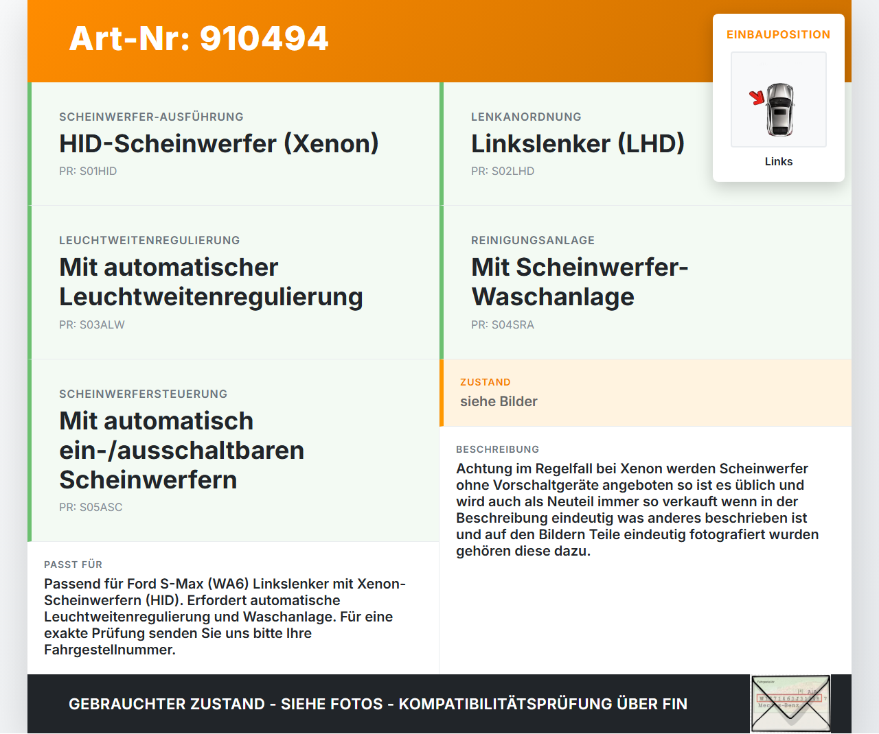 Ford S-Max WA6 06-10 Xenon Scheinwerfer Frontscheinwerfer Links Ford S-Max WA6 06-10 18.07.2006 6M21-13006-AH... Vorschau 3