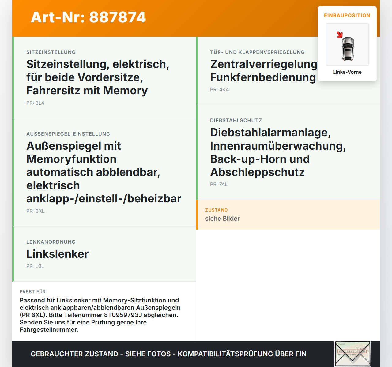 Audi A5 8TA 07-11 Steuergerät SG Türsteuergerät Links Vorne Audi A5 8TA 07-11 06.01.2010 8T0959793J gebraucht Vorschau 3
