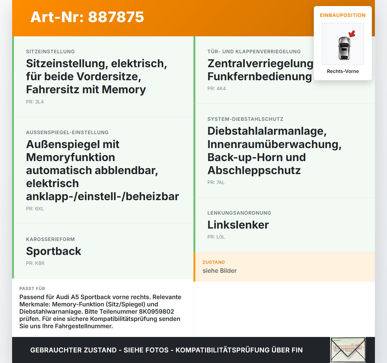 Audi A5 8TA 07-11 5T Fensterhebermotor Rechts Vorne Audi A5 8TA 07-11 06.01.2010 8T0959802A 8K0959802... Vorschau 3
