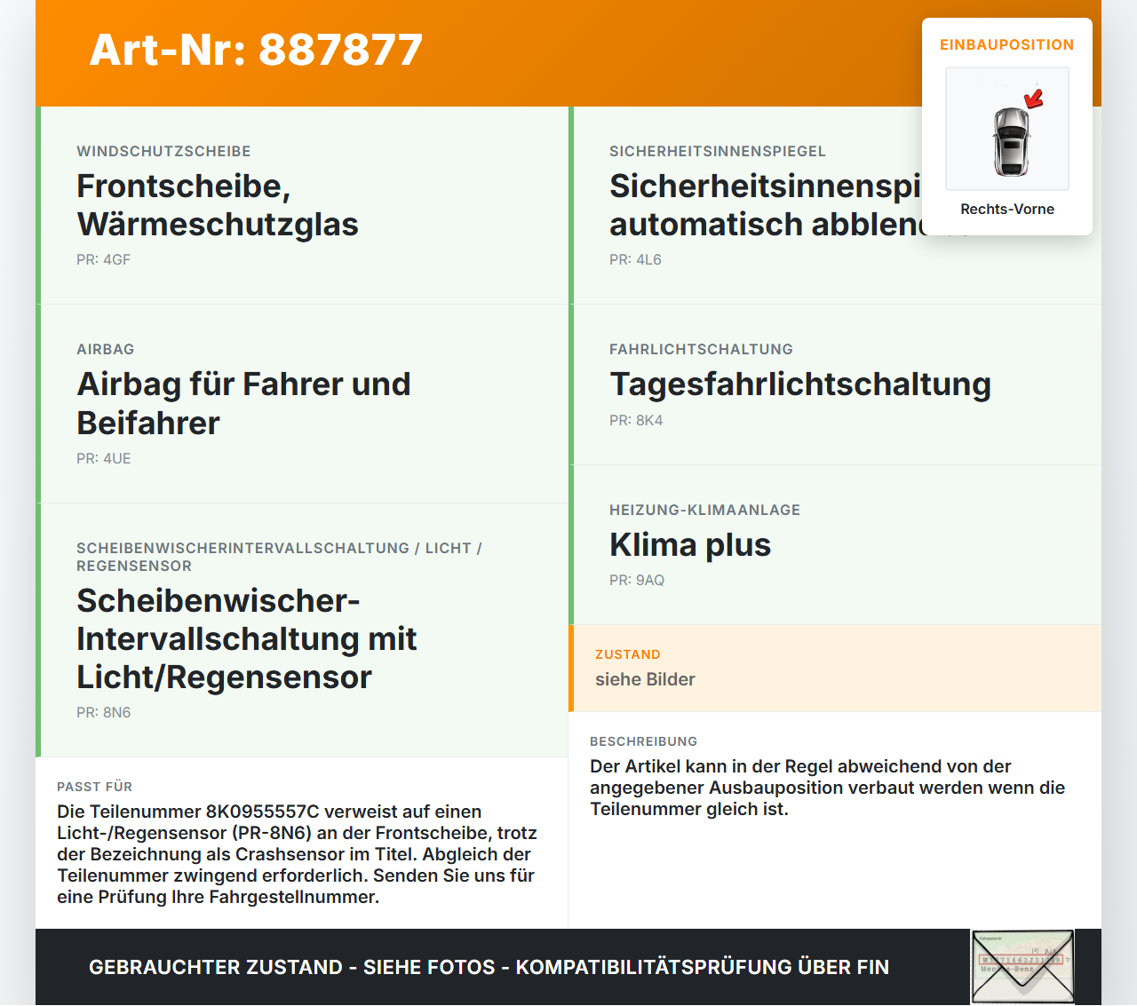 Audi A5 8TA 07-11 Sensor Airbag Crashsensor Airbagsensor Rechts Vorne Audi A5 8TA 07-11 06.01.2010 8K0955557C... Vorschau 3