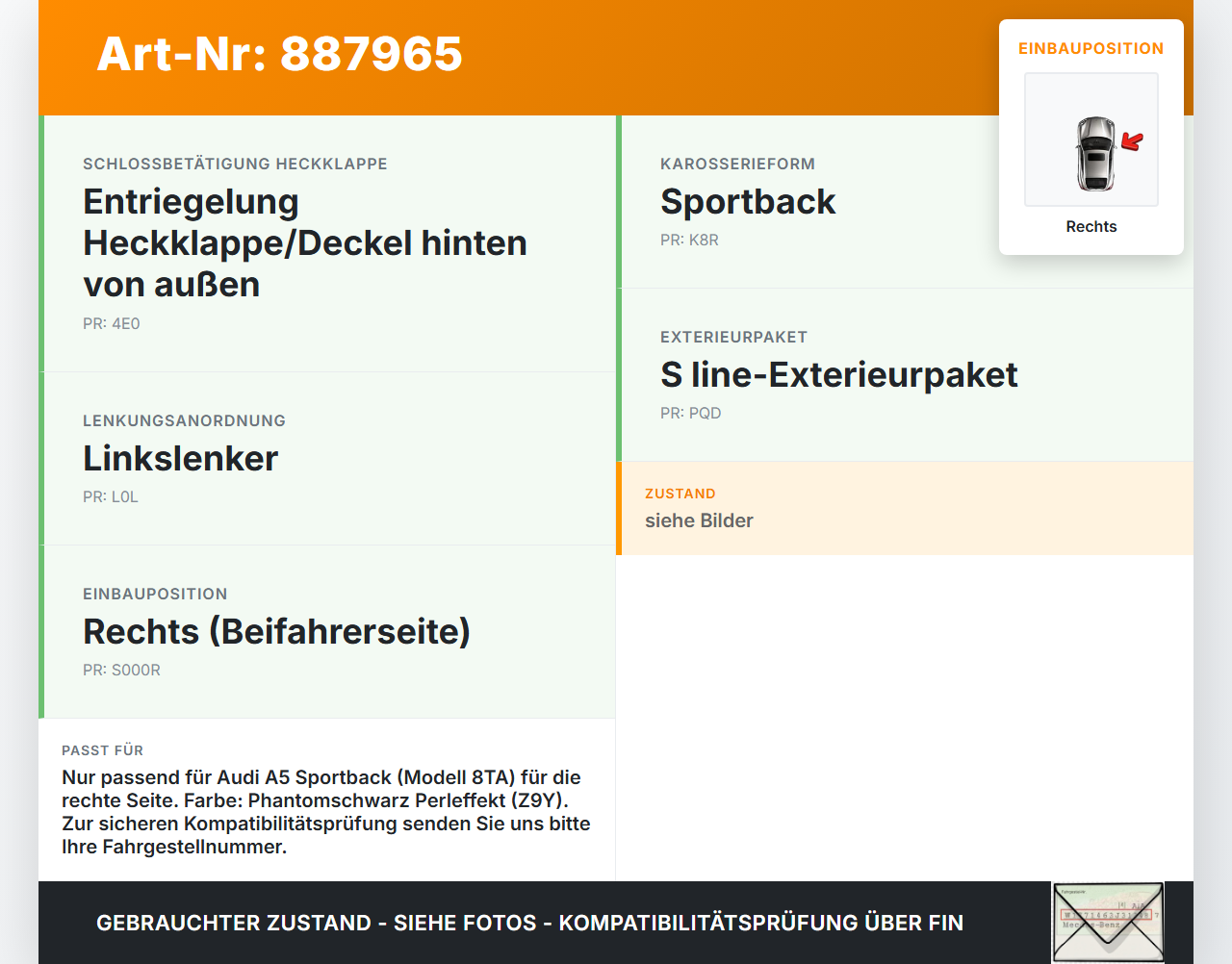Audi A5 8TA 07-11 5T Scharniere Scharnier für Heckklappe Rechts Audi A5 8TA 07-11 06.01.2010 8T8827300 gebraucht Vorschau 3