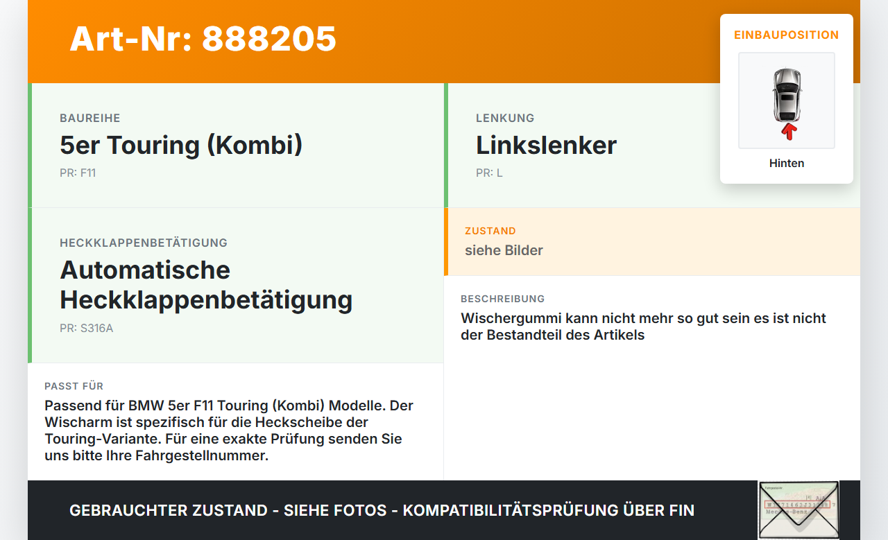 BMW F11 530dx 10-14 Kombi Heckwischer Scheibenwischer Hinten Wischarm BMW F11 530dx 10-14 09.06.2011 7207042... Vorschau 3