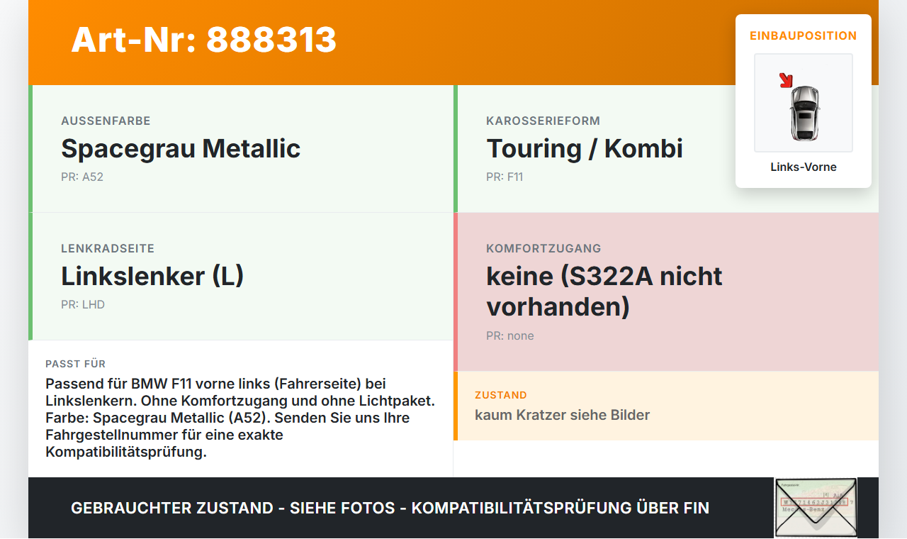 BMW F11 530dx 10-14 Kombi Türgriff Griff aussen Links Vorne A52 BMW F11 530dx 10-14 09.06.2011 7276243 51217276243... Vorschau 3