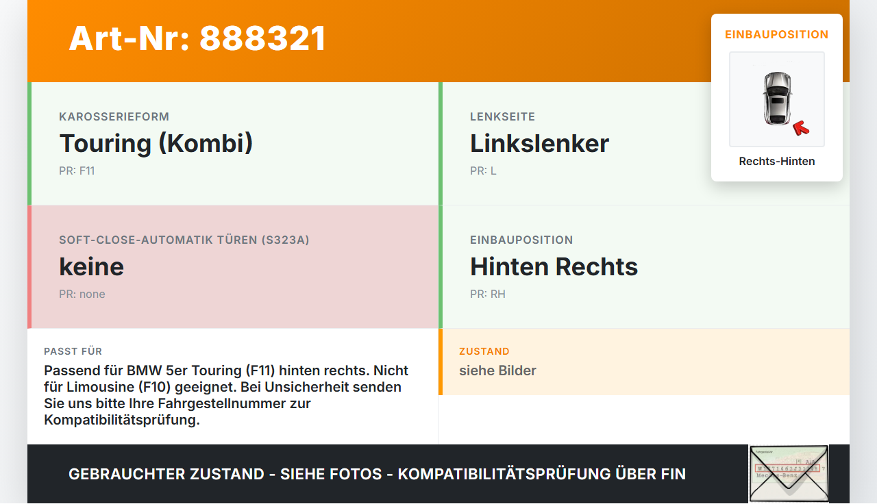 BMW F11 530dx 10-14 Kombi Türfangband Rechts Hinten BMW F11 530dx 10-14 09.06.2011 gebraucht Vorschau 3