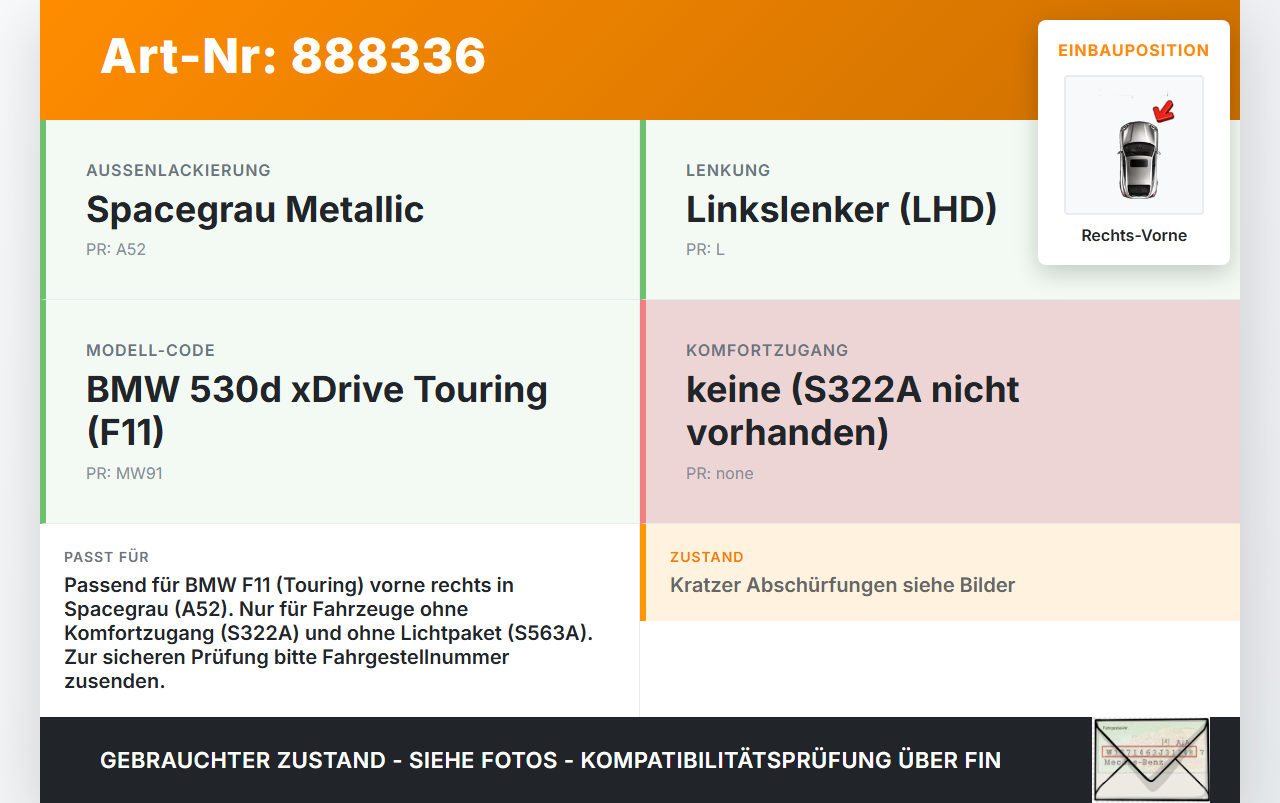 BMW F11 530dx 10-14 Kombi Türgriff Griff aussen Rechts Vorne A52 BMW F11 530dx 10-14 09.06.2011 X4717565009... Vorschau 3