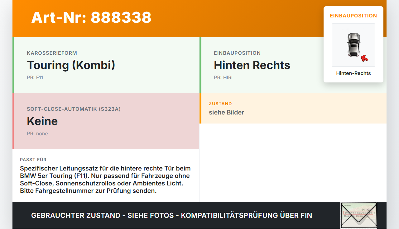 BMW F11 530dx 10-14 Kombi Kabelbaum Leitungssatz für Tür und Fensterheber Hinten Rechts BMW F11 530dx 10-14... Vorschau 3