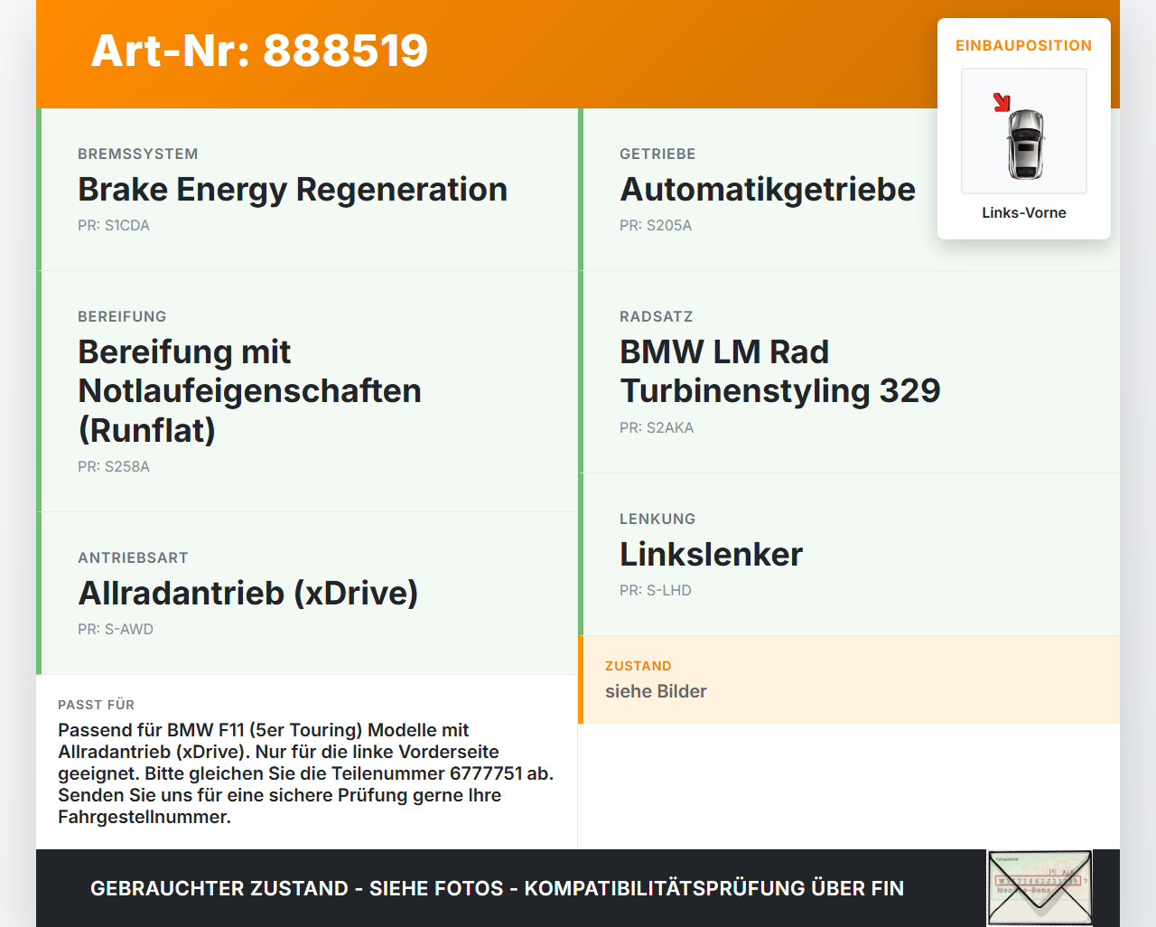 BMW F11 530dx 10-14 3,0 190KW Achsschenkel Radnabe Links Vorne BMW F11 530dx 10-14 09.06.2011 3121-6777751 6777751... Vorschau 3