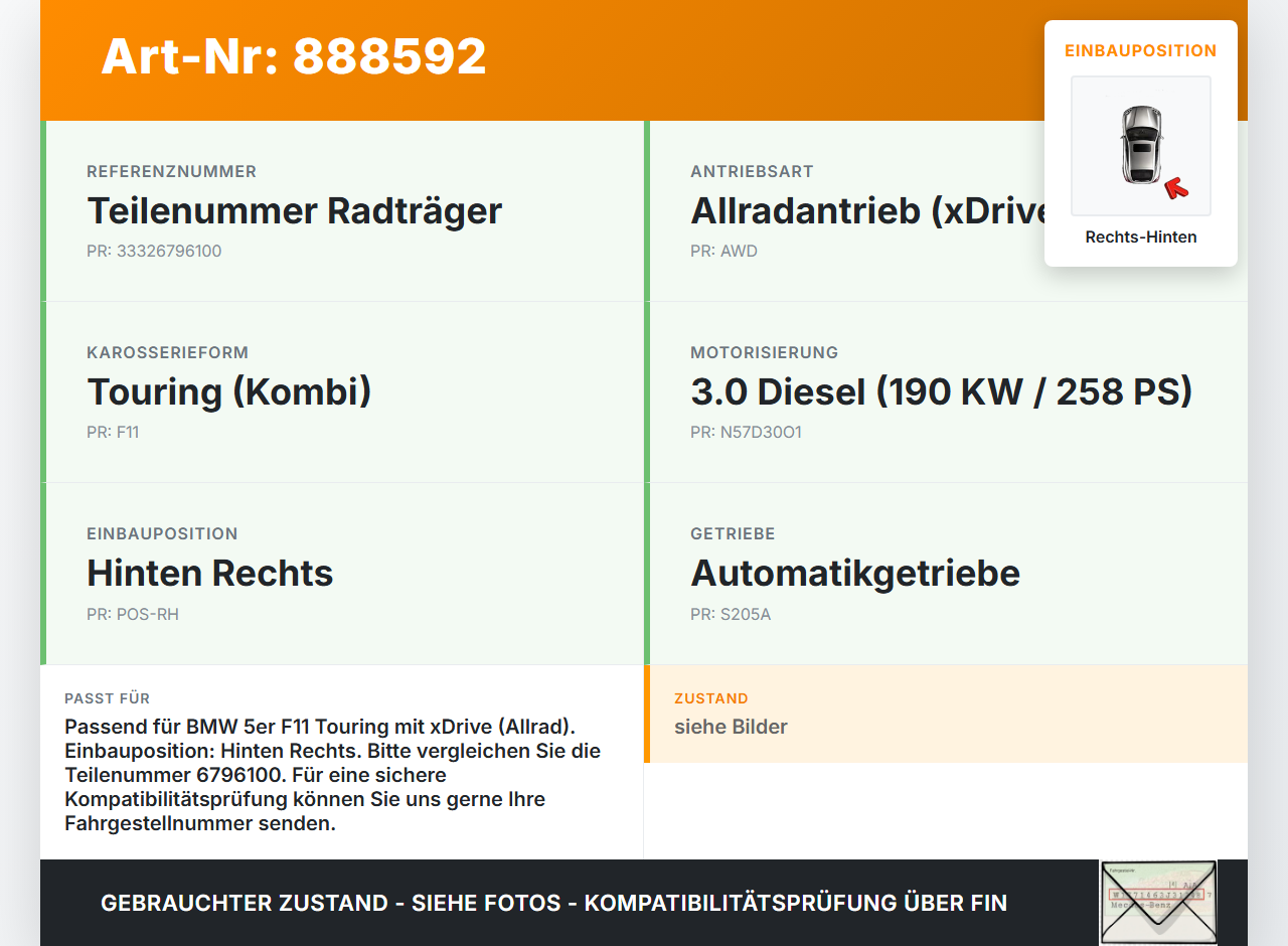 BMW F11 530dx 10-14 Kombi 3,0 190KW 4WD Achsschenkel Radnabe mit ABS Rechts Hinten BMW F11 530dx 10-14 09.06.2011... Vorschau 3