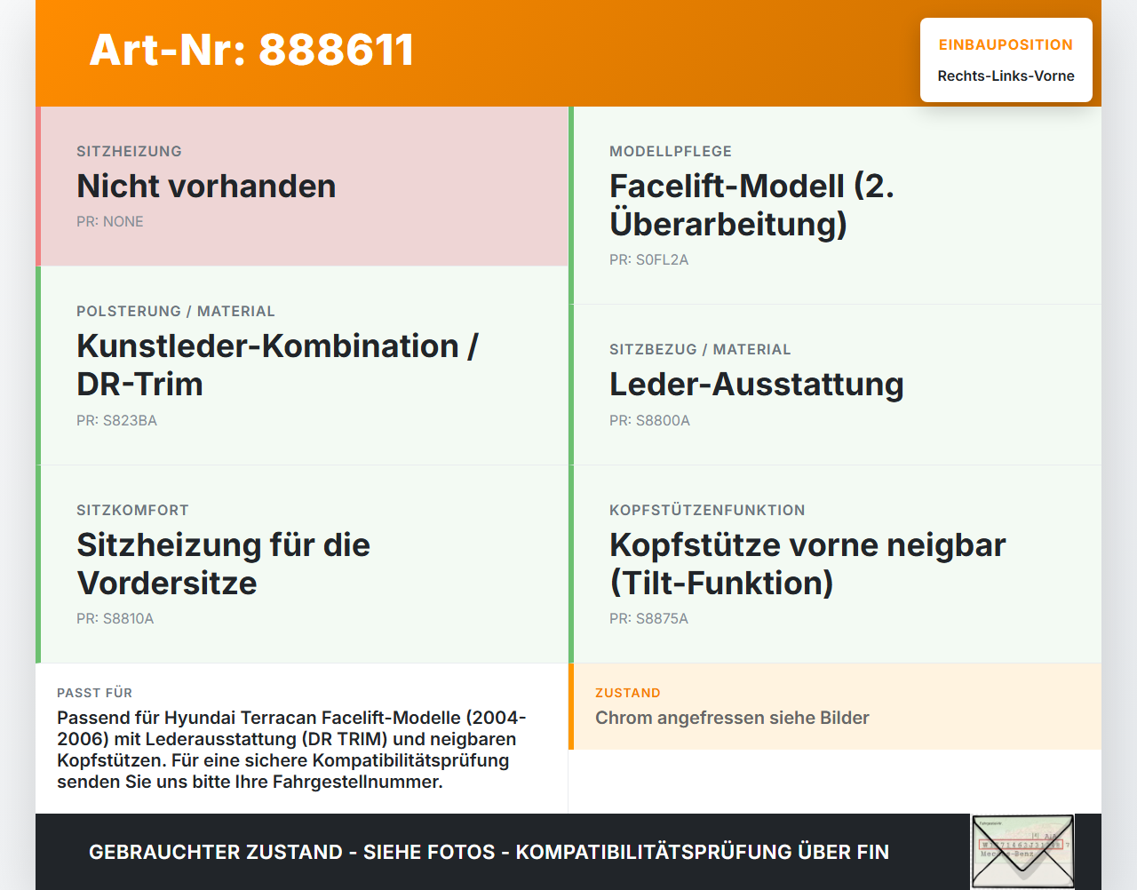 Hyundai Terracan 04-06 Kopfstütze für Fahrer Sitz Rechts oder Links Vorne Hyundai Terracan 04-06 30.03.2006... Vorschau 3