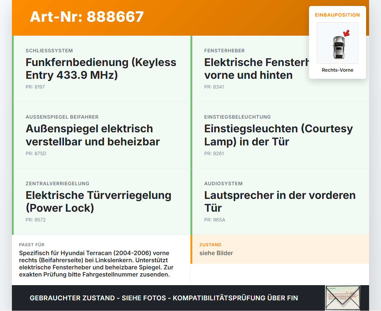 Hyundai Terracan 04-06 Kabelbaum für Tür und Fensterheber Rechts Vorne Hyundai Terracan 04-06 30.03.2006... Vorschau 3