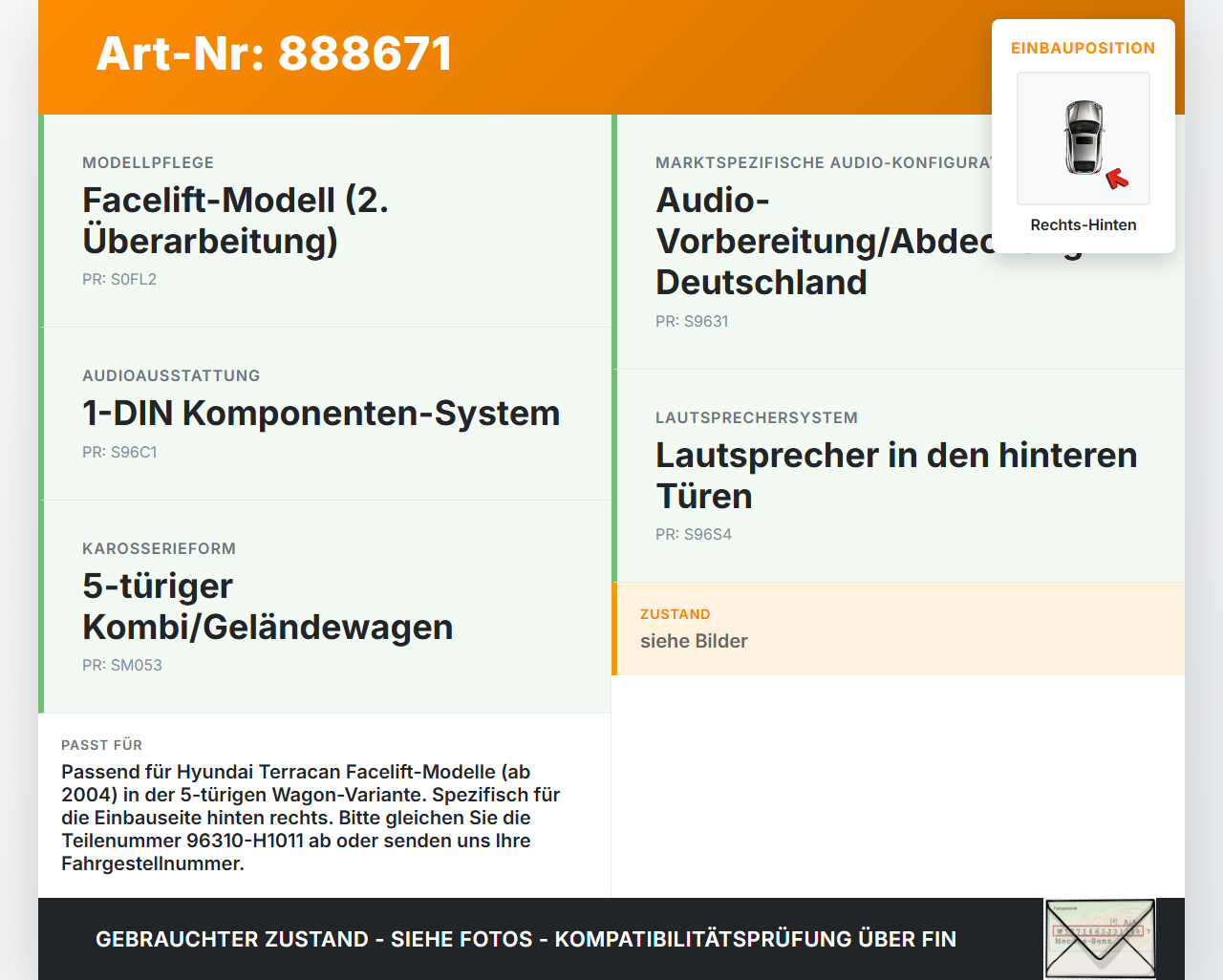 Hyundai Terracan 04-06 Lautsprecher Rechts Hinten Hyundai Terracan 04-06 30.03.2006 96310H1011 96310-H1011 gebraucht Vorschau 3