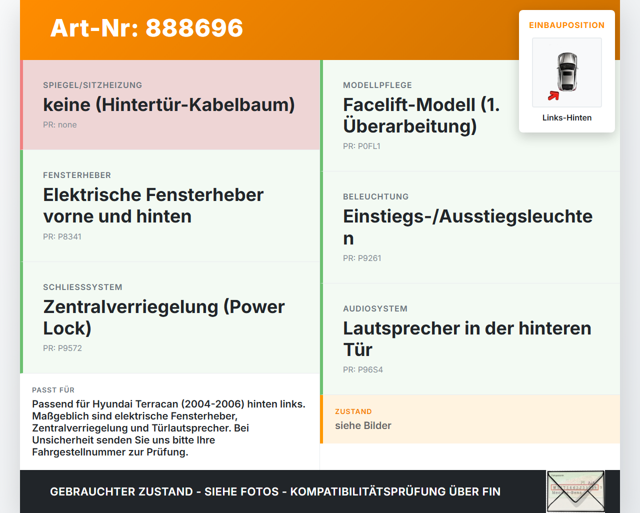 Hyundai Terracan 04-06 Kabelbaum für Tür und Fensterheber Links Hinten Hyundai Terracan 04-06 30.03.2006 91652H1010... Vorschau 3