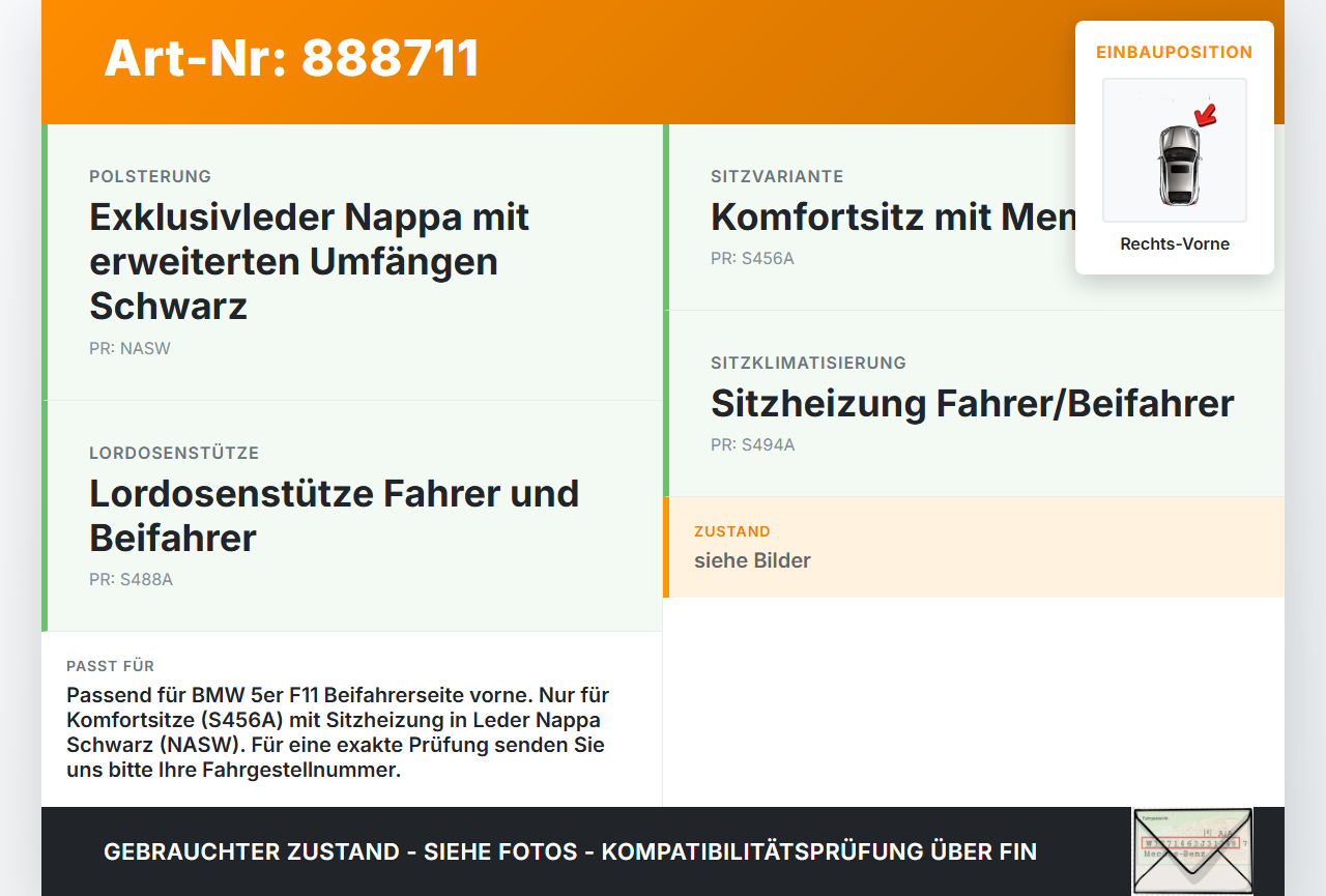 BMW F11 530dx 10-14 Kombi Sitzbezug Rückenpolster Rechts Vorne für Beifahrer Sitz beheizt Leder BMW F11 530dx 10-14... Vorschau 3