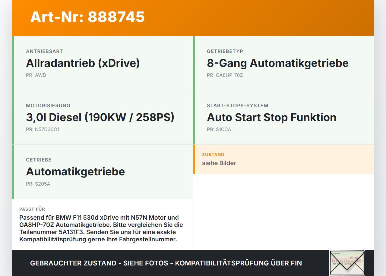 BMW F11 530dx 10-14 3,0 190KW Autom Wandler Drehmomentwandler für Getriebe BMW F11 530dx 10-14 09.06.2011... Vorschau 3