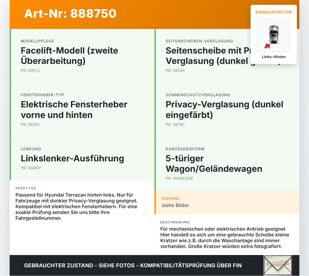 Hyundai Terracan 04-06 Seitenscheibe LHK für Tür Fenster Scheibe Links Hinten Orig. getönt Hyundai Terracan 04-06... Vorschau 3