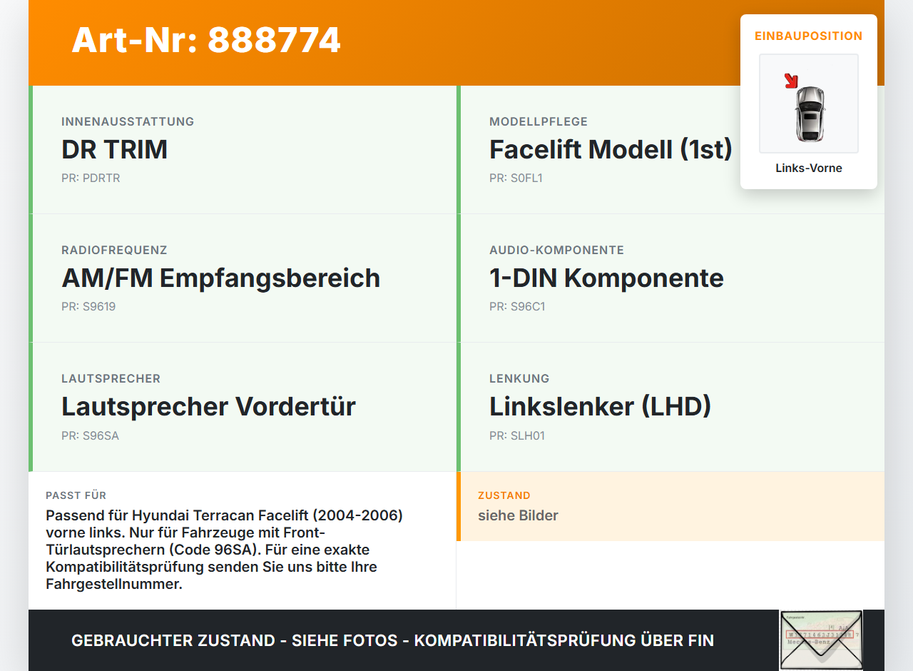 Hyundai Terracan 04-06 Lautsprecher Links Vorne Hyundai Terracan 04-06 30.03.2006 96310H1001 96310-H1001 gebraucht Vorschau 3