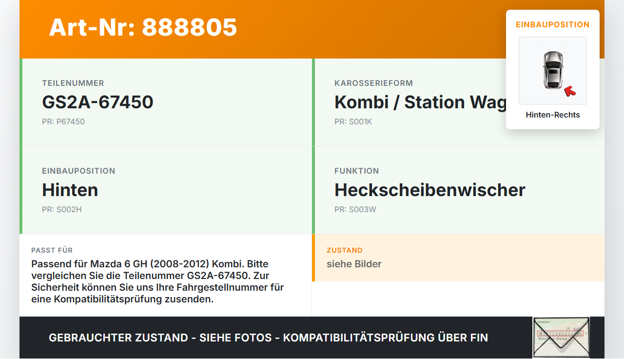 Mazda 6 GH 08-12 Kombi Wischermotor Hinten Rechts Heckwischermotor Mazda 6 GH 08-12 31.05.2010 GS2A-67450... Vorschau 3