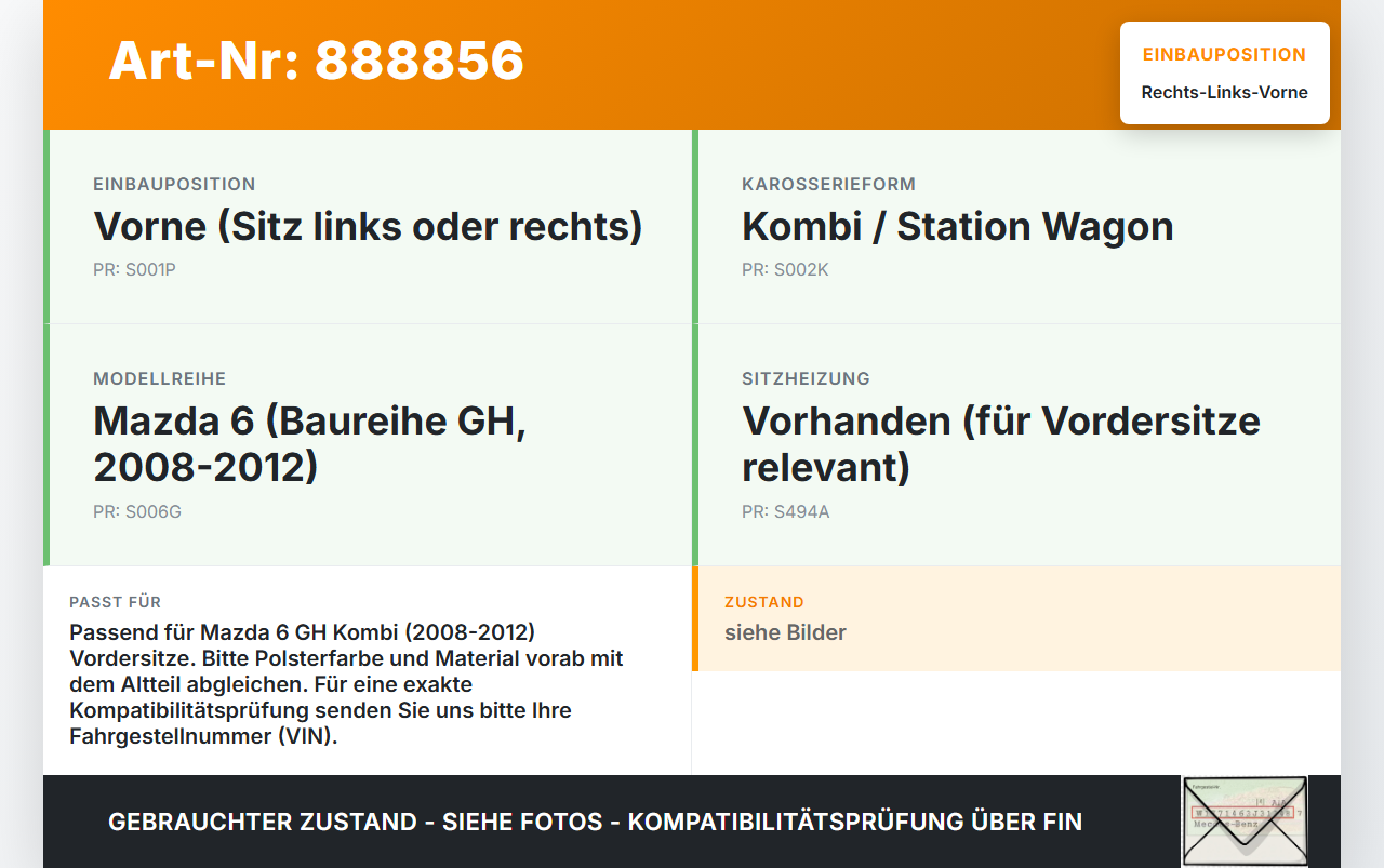 Mazda 6 GH 08-12 Kombi Kopfstütze für Beifahrer Sitz Rechts oder Links Vorne Mazda 6 GH 08-12 31.05.2010 gebraucht Vorschau 3