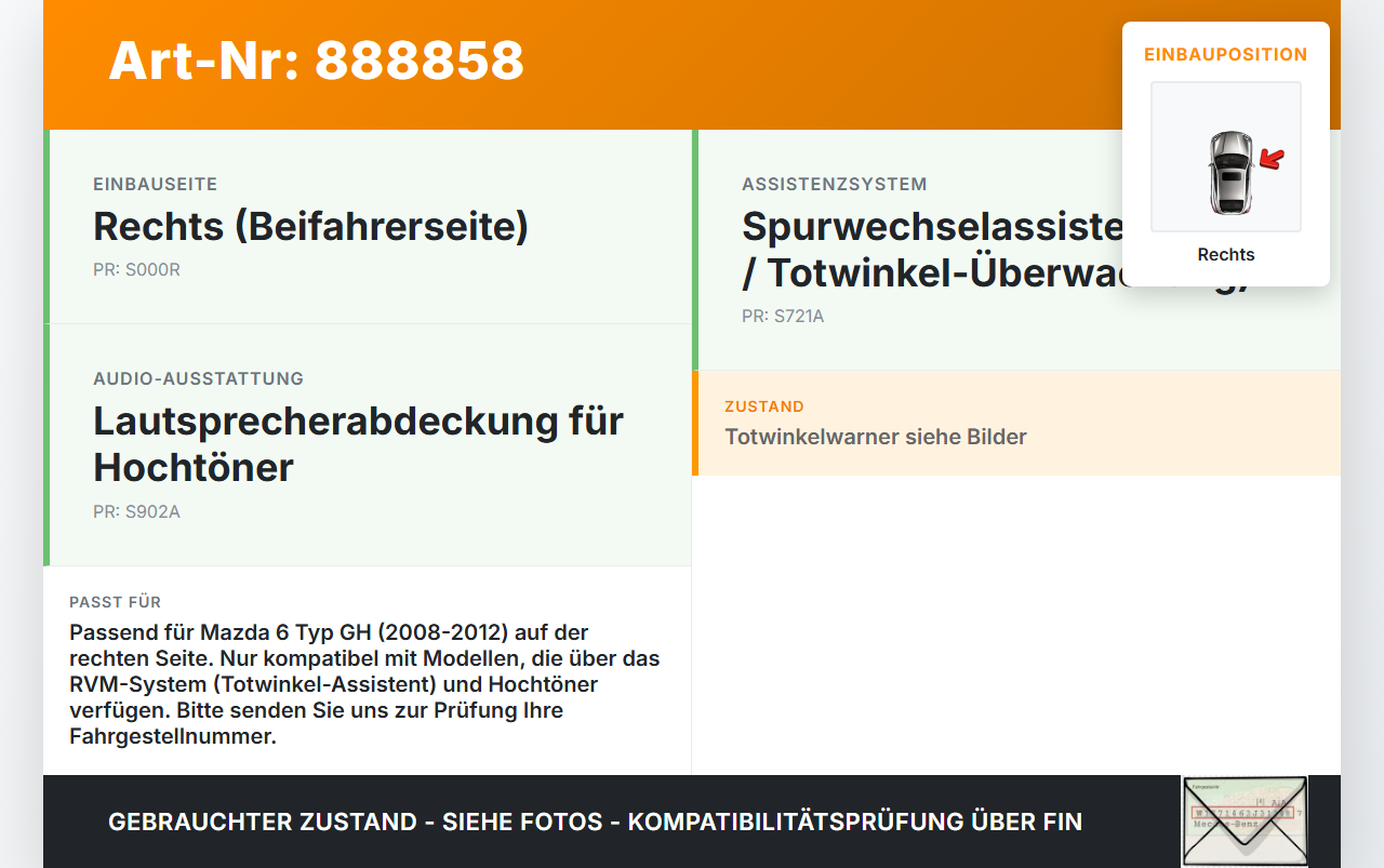 Mazda 6 GH 08-12 Lautsprecherblende Lautsprecher Hochtöner Rechts mit RVM Mazda 6 GH 08-12 31.05.2010... Vorschau 3