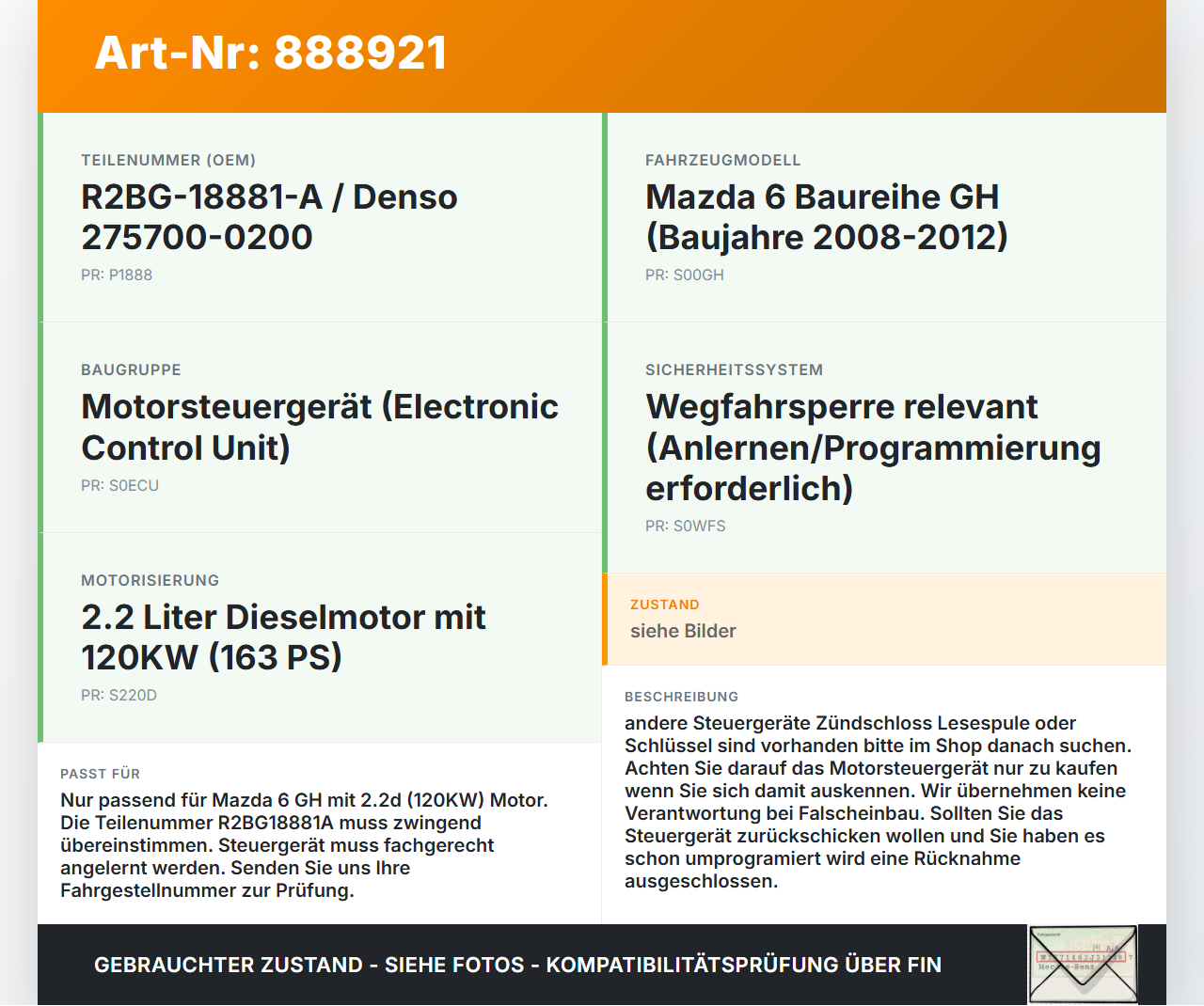 Mazda 6 GH 08-12 2,2d 120KW Steuergerät ECU für Motor Motorsteuergerät Mazda 6 GH 08-12 31.05.2010 275700-0200... Vorschau 3