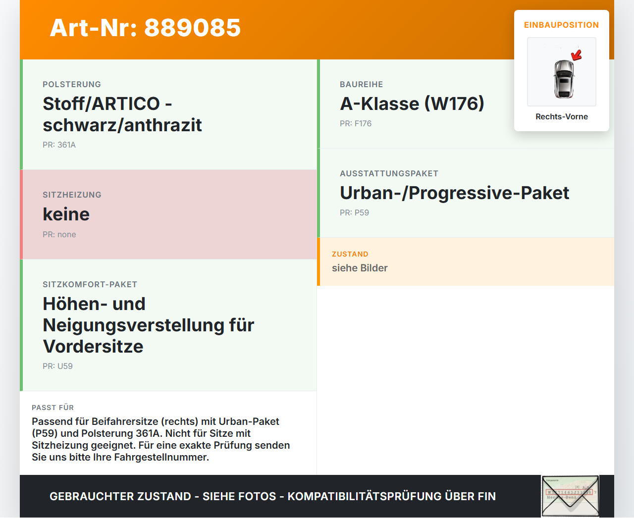 Mercedes W176 A180 12-15 Sitzbezug Rückenpolster Rechts Vorne für Beifahrer Sitz Mercedes W176 A180 12-15... Vorschau 3