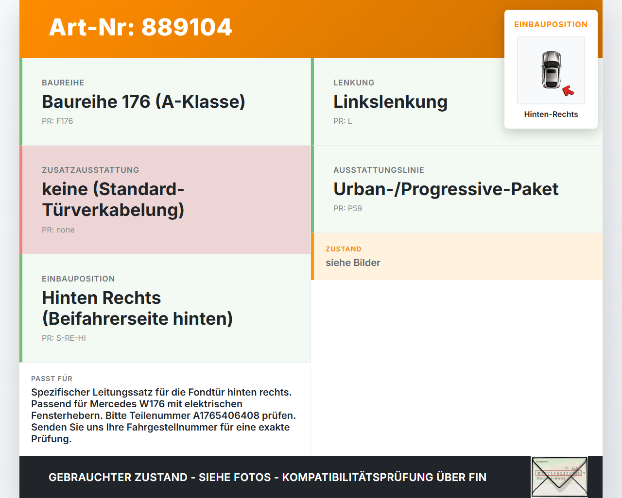 Mercedes W176 A180 12-15 Kabelbaum Leitungssatz für Tür und Fensterheber Hinten Rechts Mercedes W176 A180 12-15... Vorschau 3