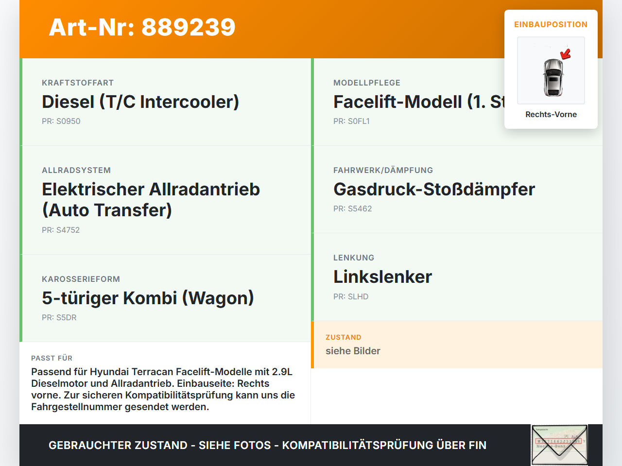 Hyundai Terracan 04-06 Federstab Drehstabfeder Rechts Vorne Hyundai Terracan 04-06 30.03.2006 gebraucht Vorschau 3