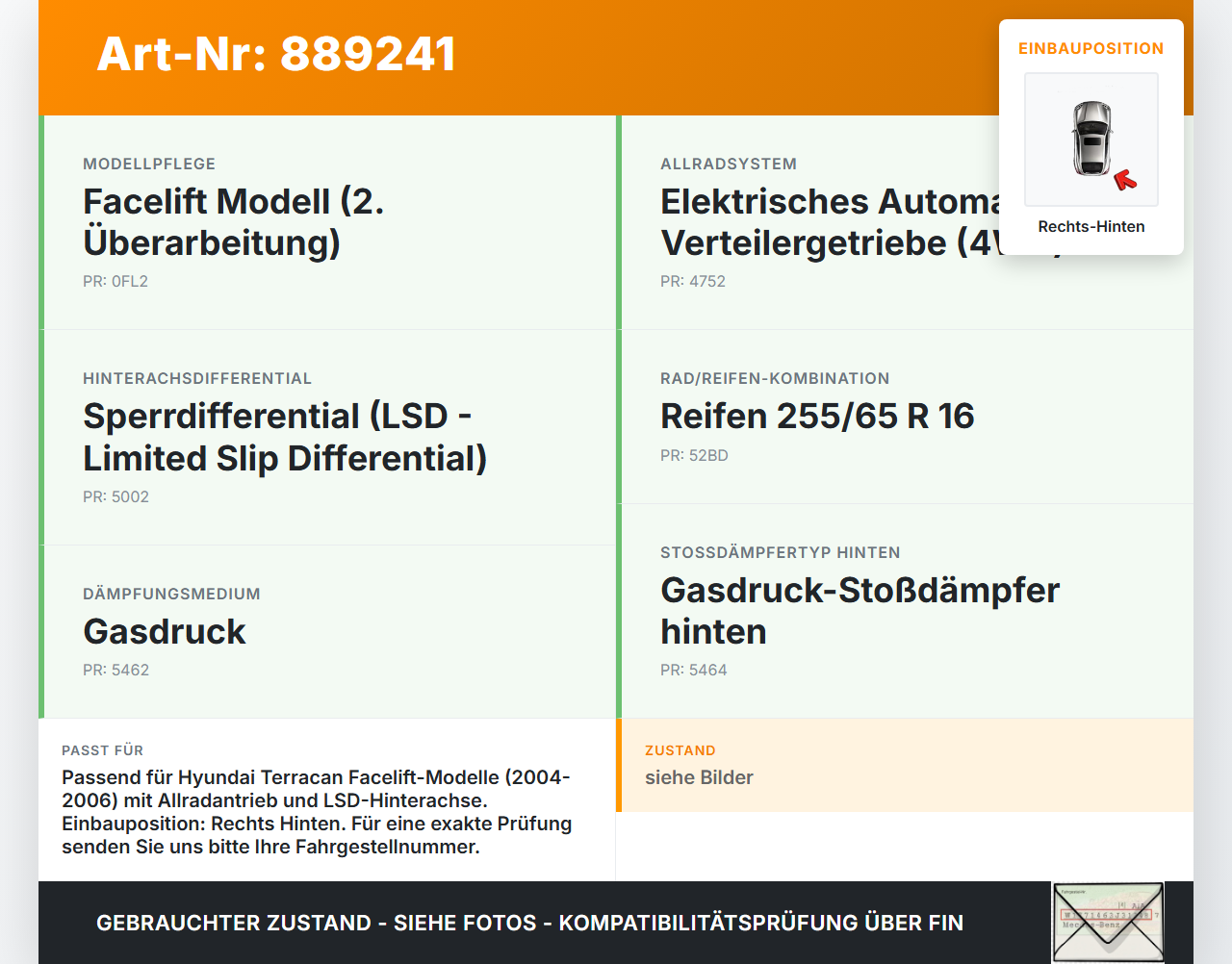 Hyundai Terracan 04-06 Stossdämpfer Rechts Hinten Hyundai Terracan 04-06 30.03.2006 gebraucht Vorschau 3
