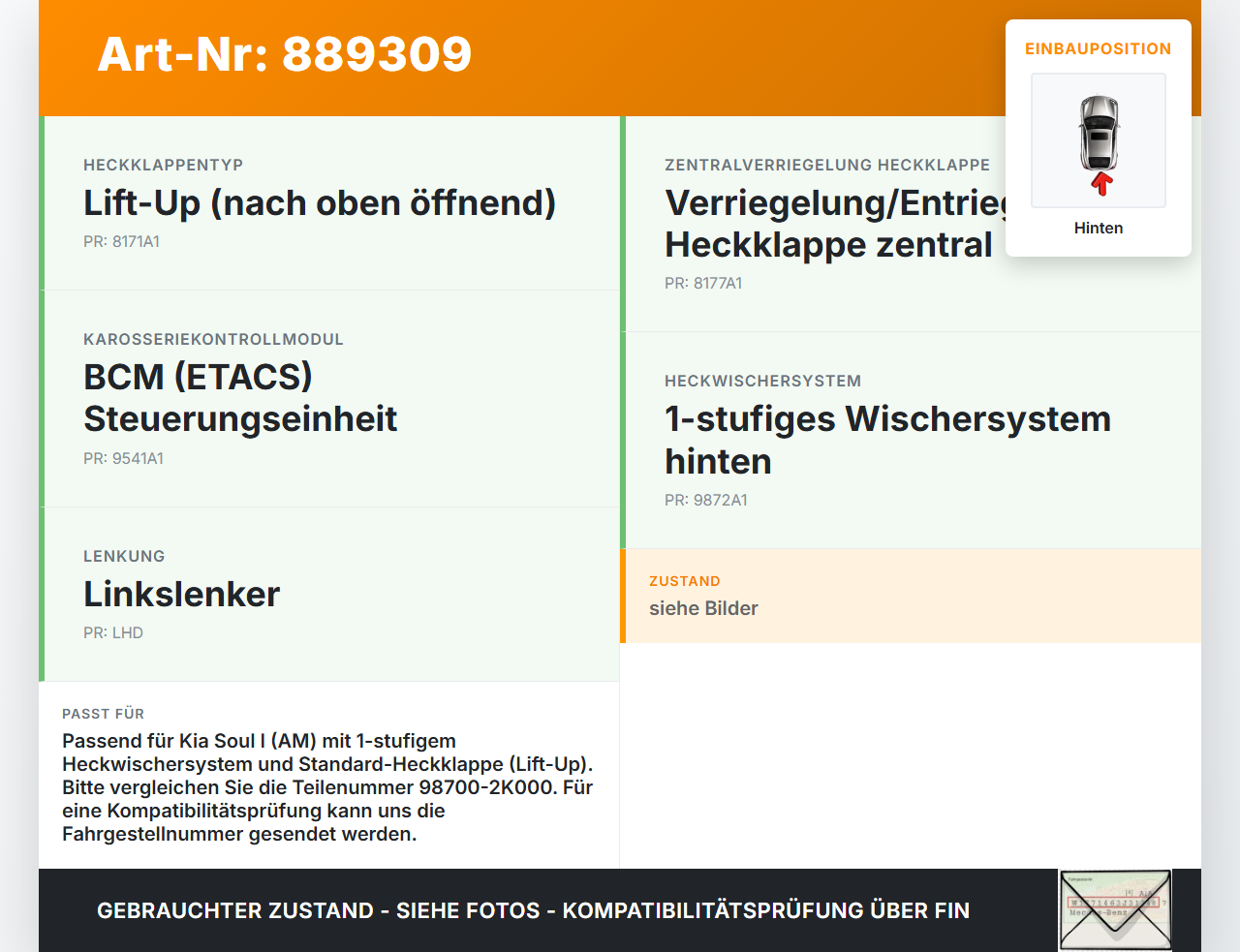 Kia Soul I AM 08-11 Wischermotor Hinten Heckwischermotor Kia Soul I AM 08-11 16.01.2009 987102K000 98700-2K000... Vorschau 3