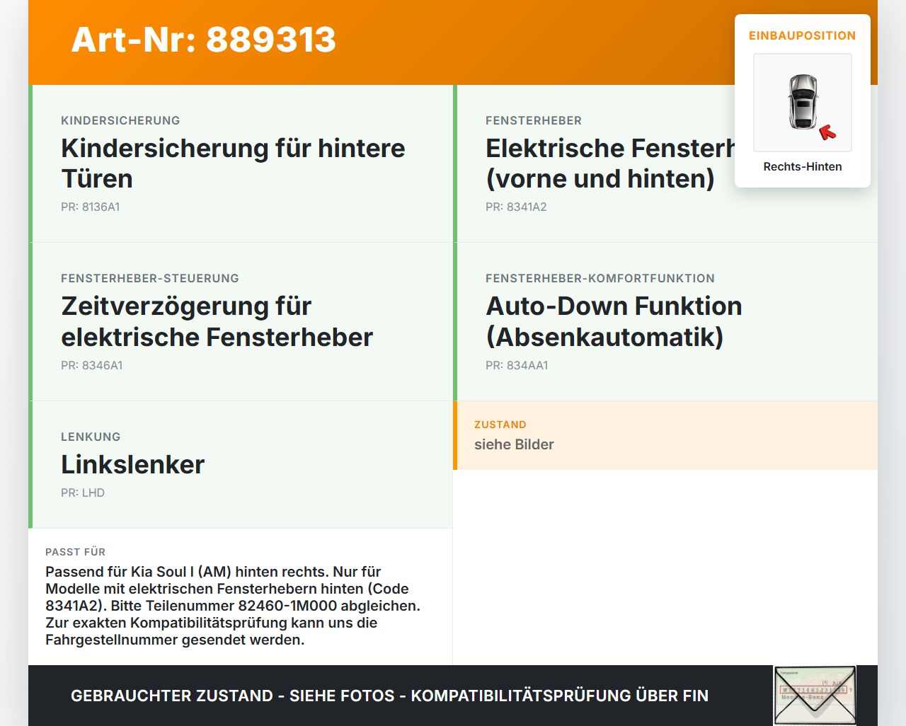 Kia Soul I AM 08-11 Fensterhebermotor Rechts Hinten Kia Soul I AM 08-11 16.01.2009 82460-1M000 262100-4690 gebraucht Vorschau 3