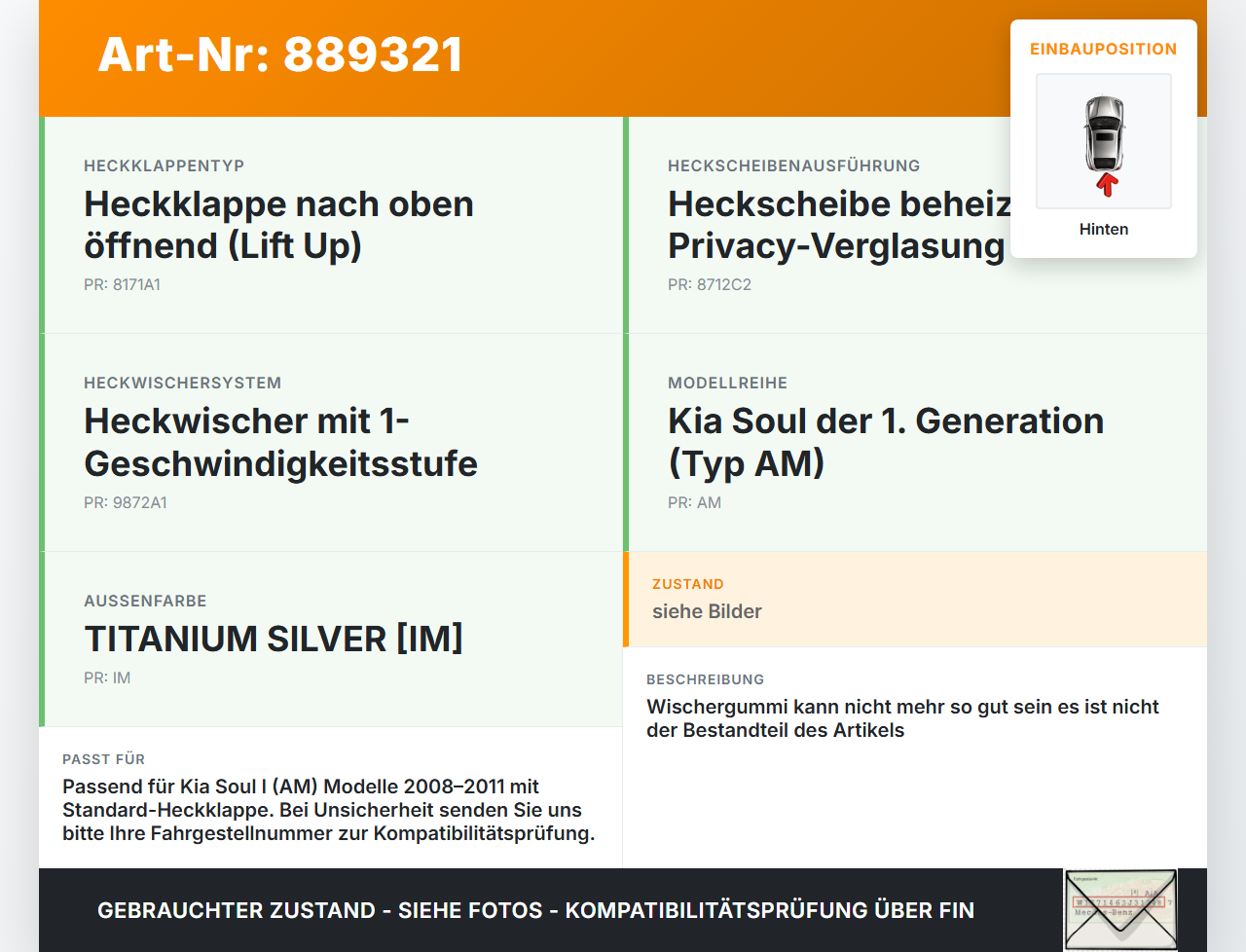 Kia Soul I AM 08-11 Heckwischer Scheibenwischer Hinten Wischarm Kia Soul I AM 08-11 16.01.2009 988112K000 gebraucht Vorschau 3