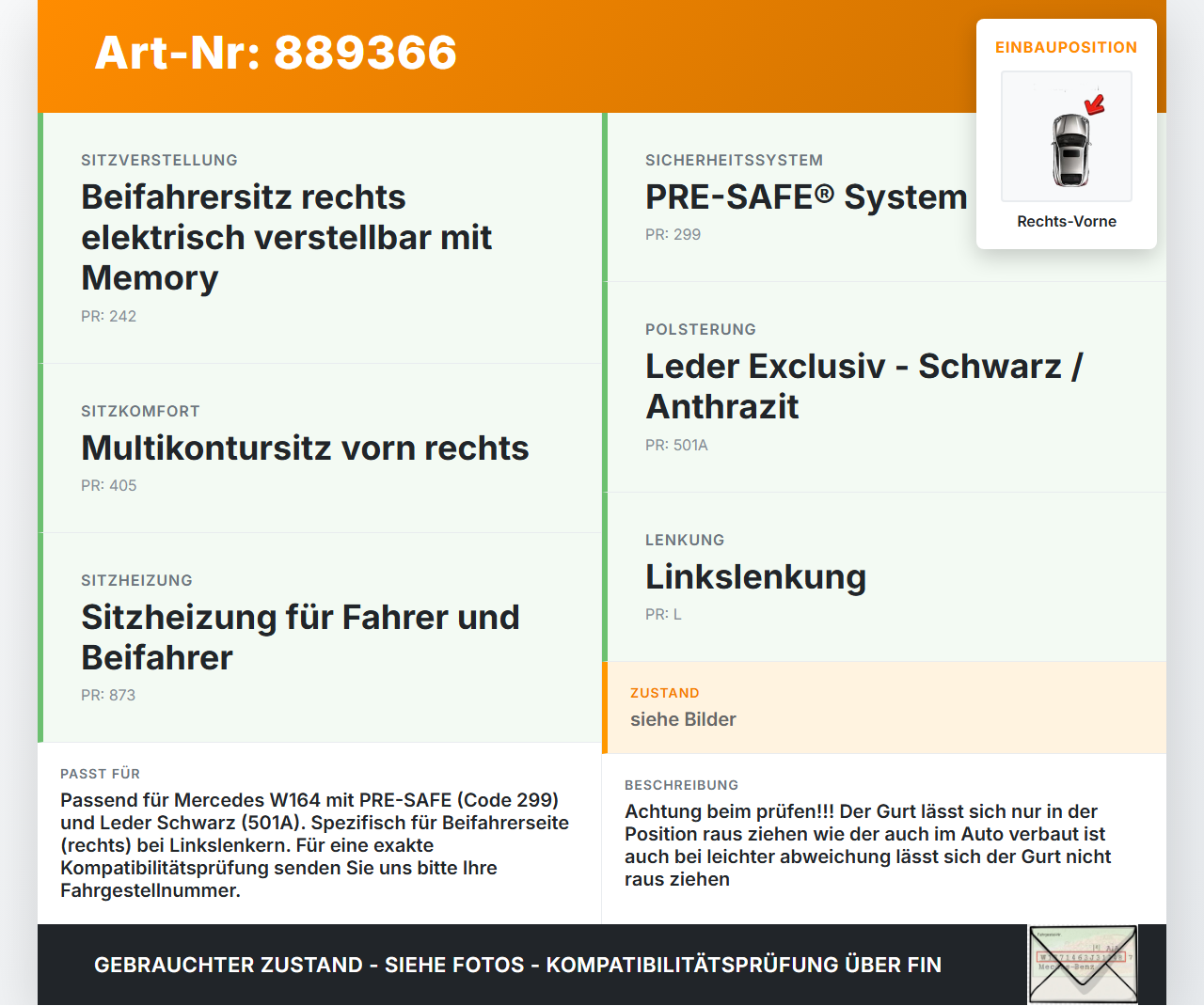 Mercedes W164 ML420 05-09 Gurtstraffer Gurtschloss Beifahrer Rechts Vorne Mercedes W164 ML420 05-09 17.02.2006... Vorschau 3