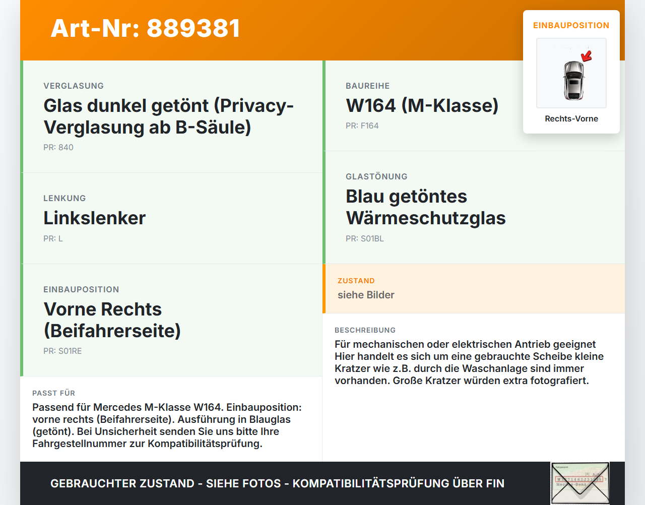Mercedes W164 ML420 05-09 RVK Seitenscheibe für Tür Türscheibe Rechts Vorne Blau Mercedes W164 ML420 05-09... Vorschau 3