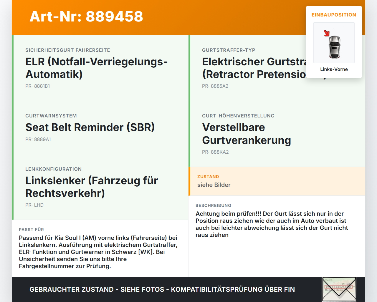 Kia Soul I AM 08-11 Gurt Sicherheitsgurt m. Gurtstraffer für Fahrer Links Vorne Kia Soul I AM 08-11 16.01.2009... Vorschau 3