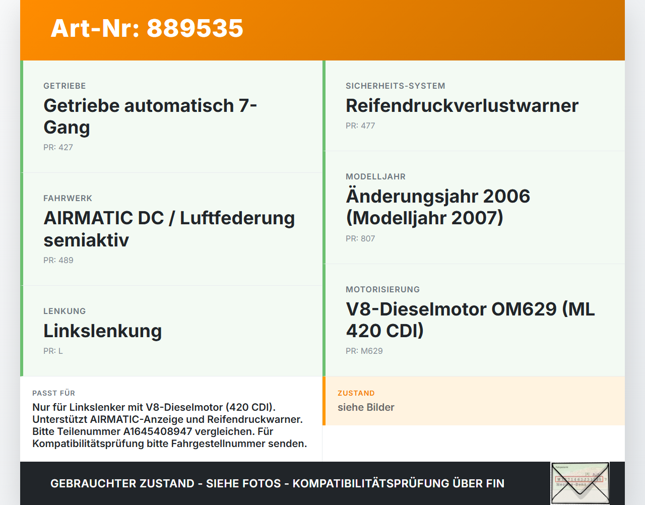 Mercedes W164 ML420 05-09 CDI 4,0 225KW Kombiinstrument Tacho Mercedes W164 ML420 05-09 17.02.2006 A1645408947... Vorschau 3