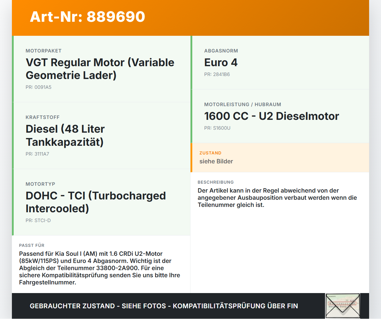 Kia Soul I AM 08-11 CRDI 1,6 85KW Einspritzdüse Einspritzventil Zyl.2 Kia Soul I AM 08-11 16.01.2009 33800-2A900... Vorschau 3