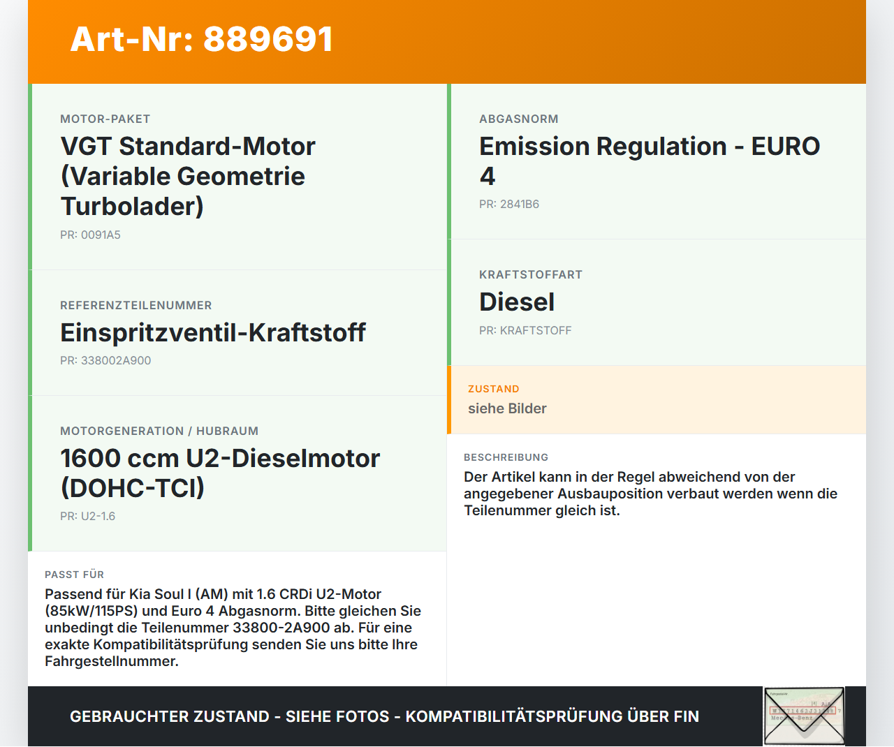 Kia Soul I AM 08-11 CRDI 1,6 85KW Einspritzdüse Einspritzventil Zyl.3 Kia Soul I AM 08-11 16.01.2009 33800-2A900... Vorschau 3