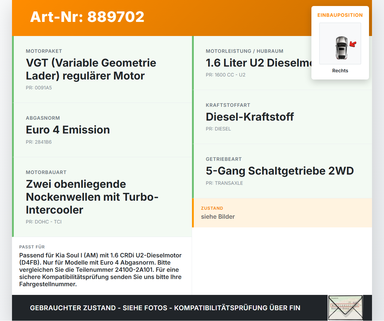 Kia Soul I AM 08-11 CRDI 1,6 85KW D4FB R49D Nockenwelle Auslass Rechts Kia Soul I AM 08-11 16.01.2009 24100-2A101... Vorschau 3