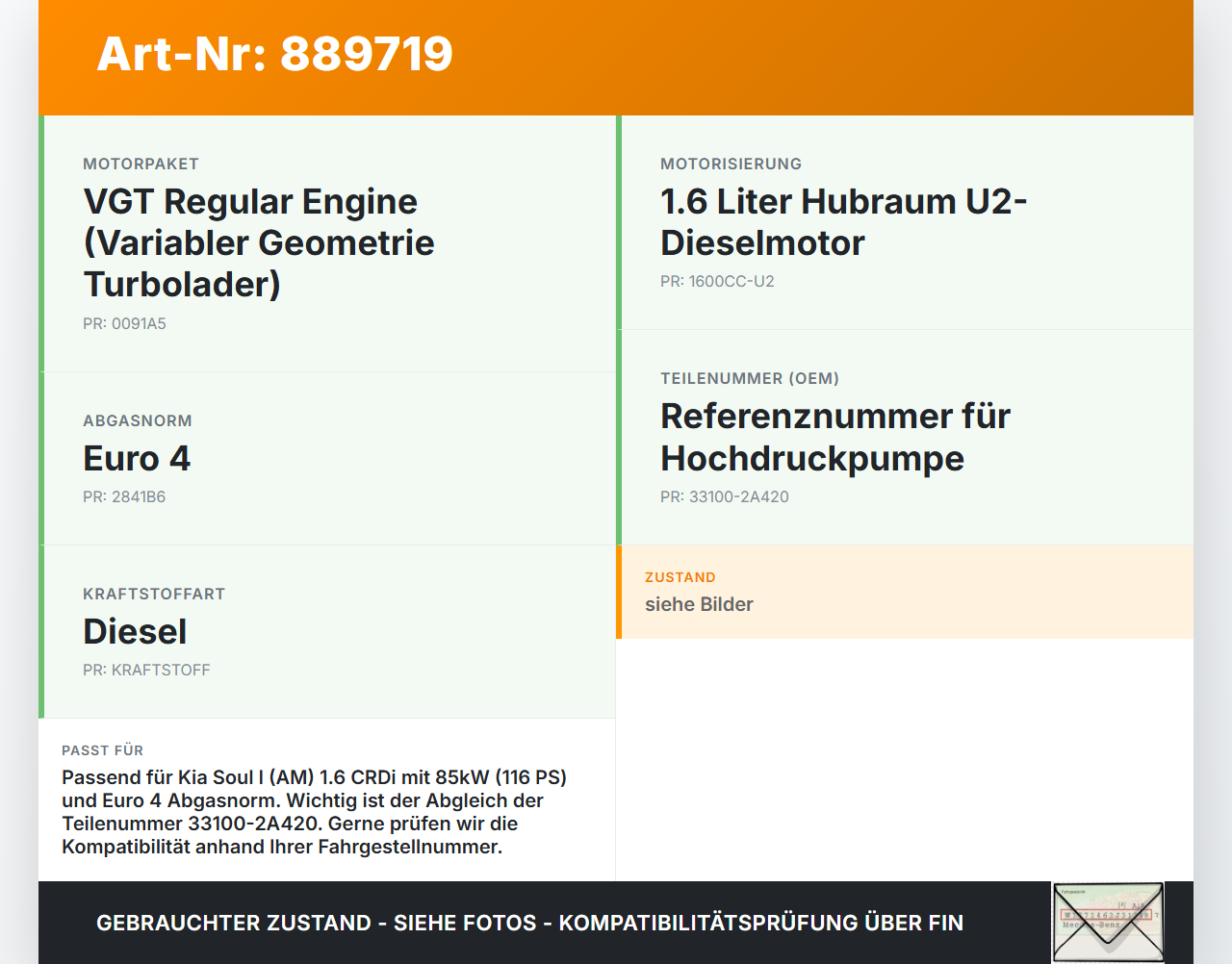 Kia Soul I AM 08-11 CRDI 1,6 85KW Einspritzpumpe Hochdruckpumpe Kia Soul I AM 08-11 16.01.2009 331002A420... Vorschau 3