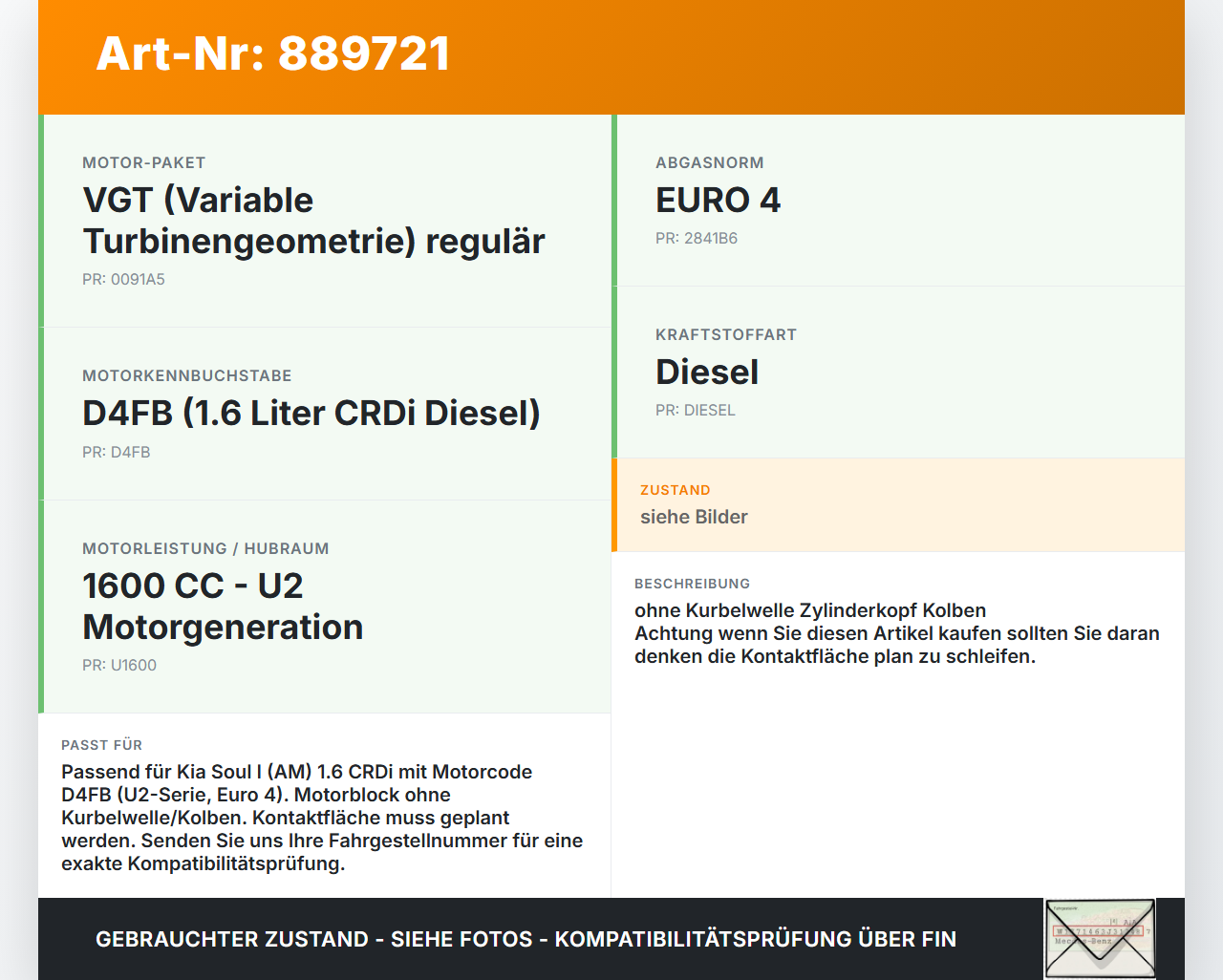 Kia Soul I AM 08-11 CRDI 1,6 85KW D4FB R49D Motorblock für Motor Kia Soul I AM 08-11 16.01.2009 235Y22AH-00 gebraucht Vorschau 3