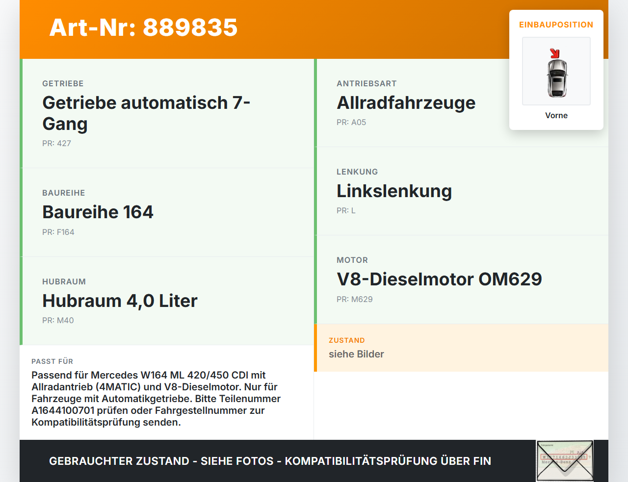Mercedes W164 ML420 05-09 CDI 4,0 225KW Kardanwelle Gelenkwelle Vorne Mercedes W164 ML420 05-09 17.02.2006... Vorschau 3