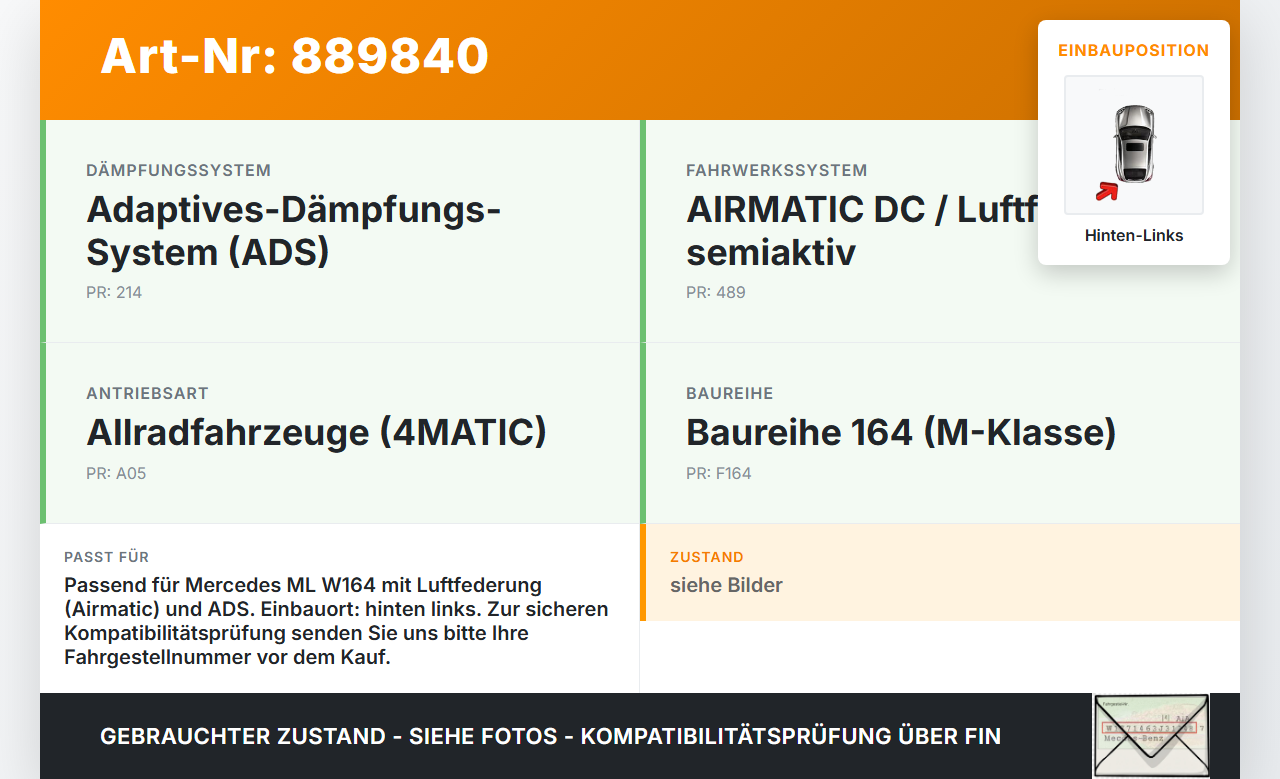 Mercedes W164 ML420 05-09 Feder Federbalg Luftbalg Hinten Links Mercedes W164 ML420 05-09 17.02.2006 A1643200225... Vorschau 3