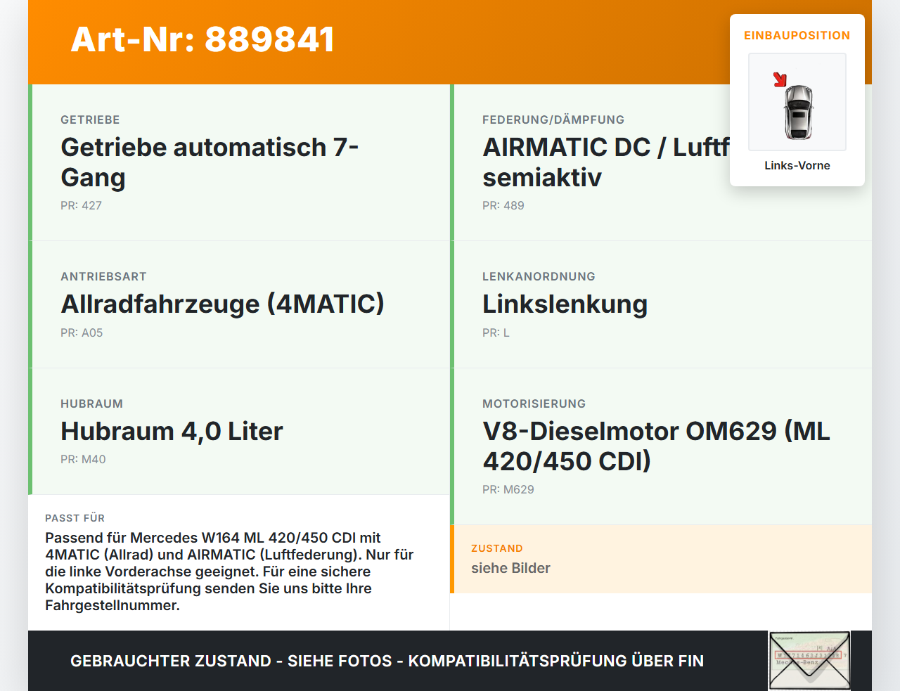 Mercedes W164 ML420 05-09 CDI 4,0 225KW Autom Antriebswelle Gelenkwelle Links Vorne Mercedes W164 ML420 05-09... Vorschau 3