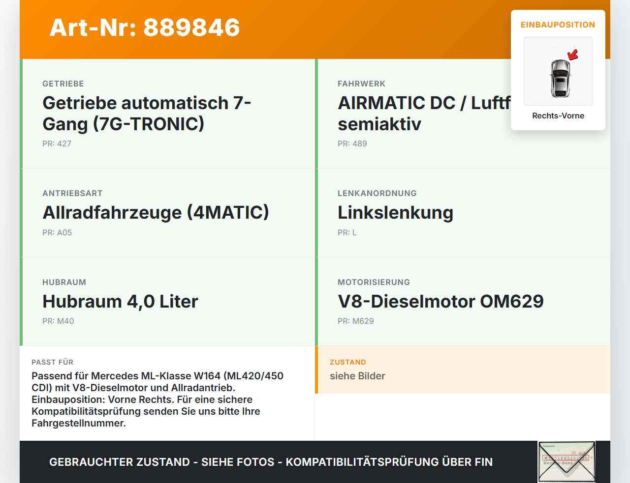 Mercedes W164 ML420 05-09 CDI 4,0 225KW Autom Antriebswelle Gelenkwelle Rechts Vorne Mercedes W164 ML420 05-09... Vorschau 3