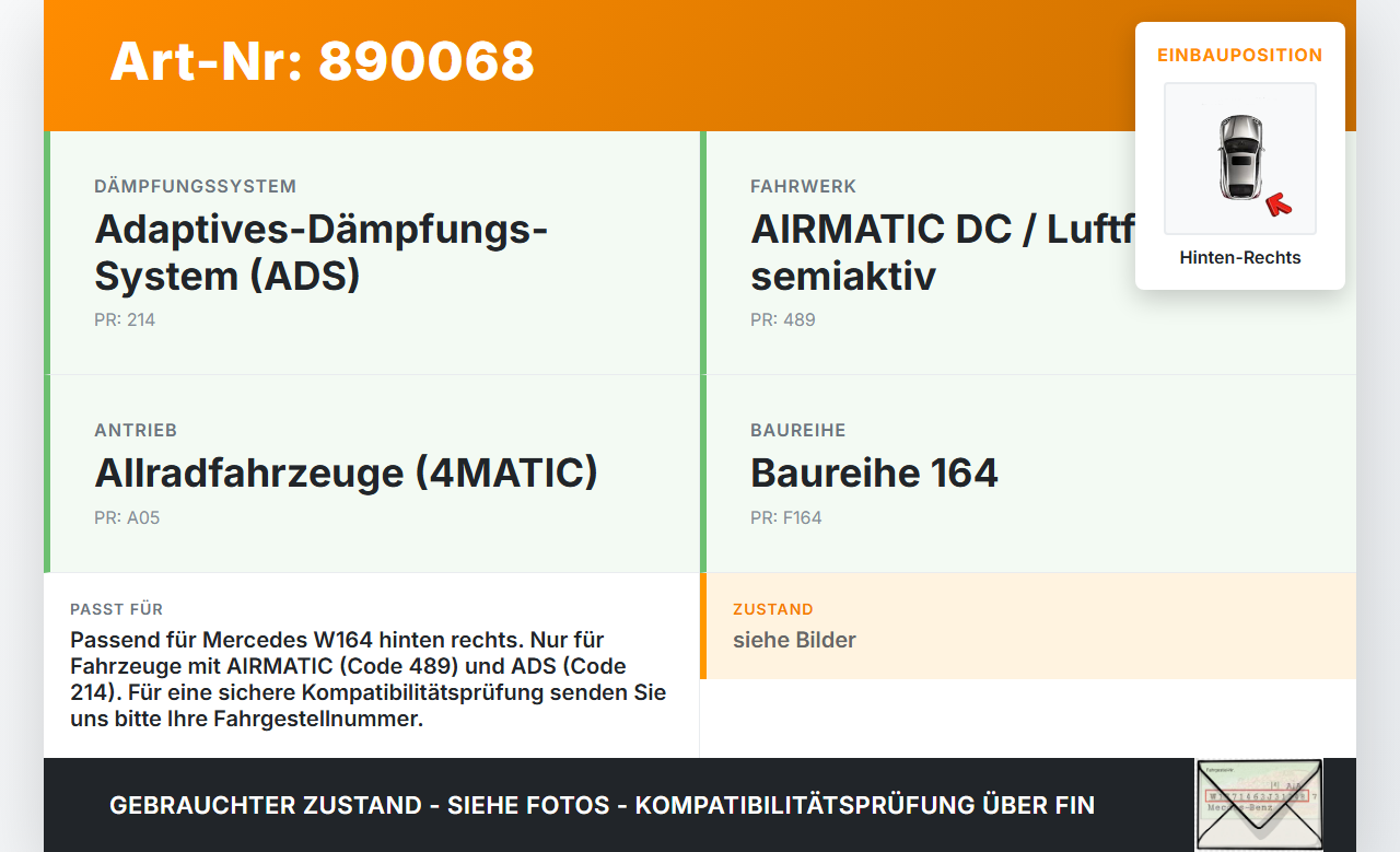 Mercedes W164 ML420 05-09 Feder Federbalg Luftbalg Hinten Rechts Mercedes W164 ML420 05-09 17.02.2006 A1643200225... Vorschau 3
