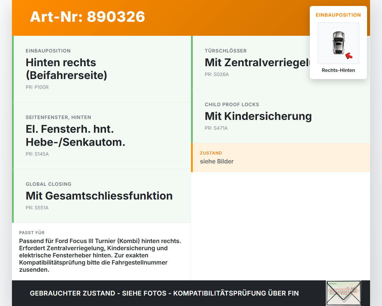 Ford Focus III 14-18 Kombi Türschloss m. ZV Stellmotor Rechts Hinten Ford Focus III 14-18 07.09.2016 BM5A-A26412-AG... Vorschau 3